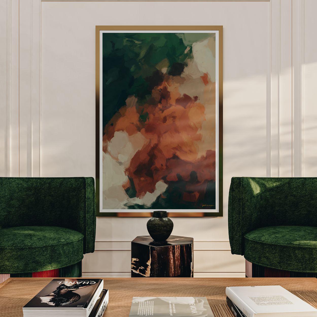 Cedar, green and brown colorful abstract wall art print by Parima Studio. Oversize art for grand dining room