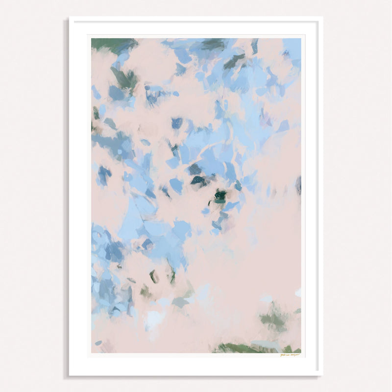 Dove, pink and blue framed vertical colorful abstract wall art print by Parima Studio