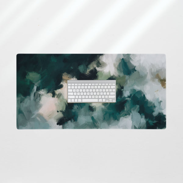 Echo, emerald green desk mat for styling your office desk. Featuring artwork by Parima Studio. Home office styling accessories, cubicle styling accessories.