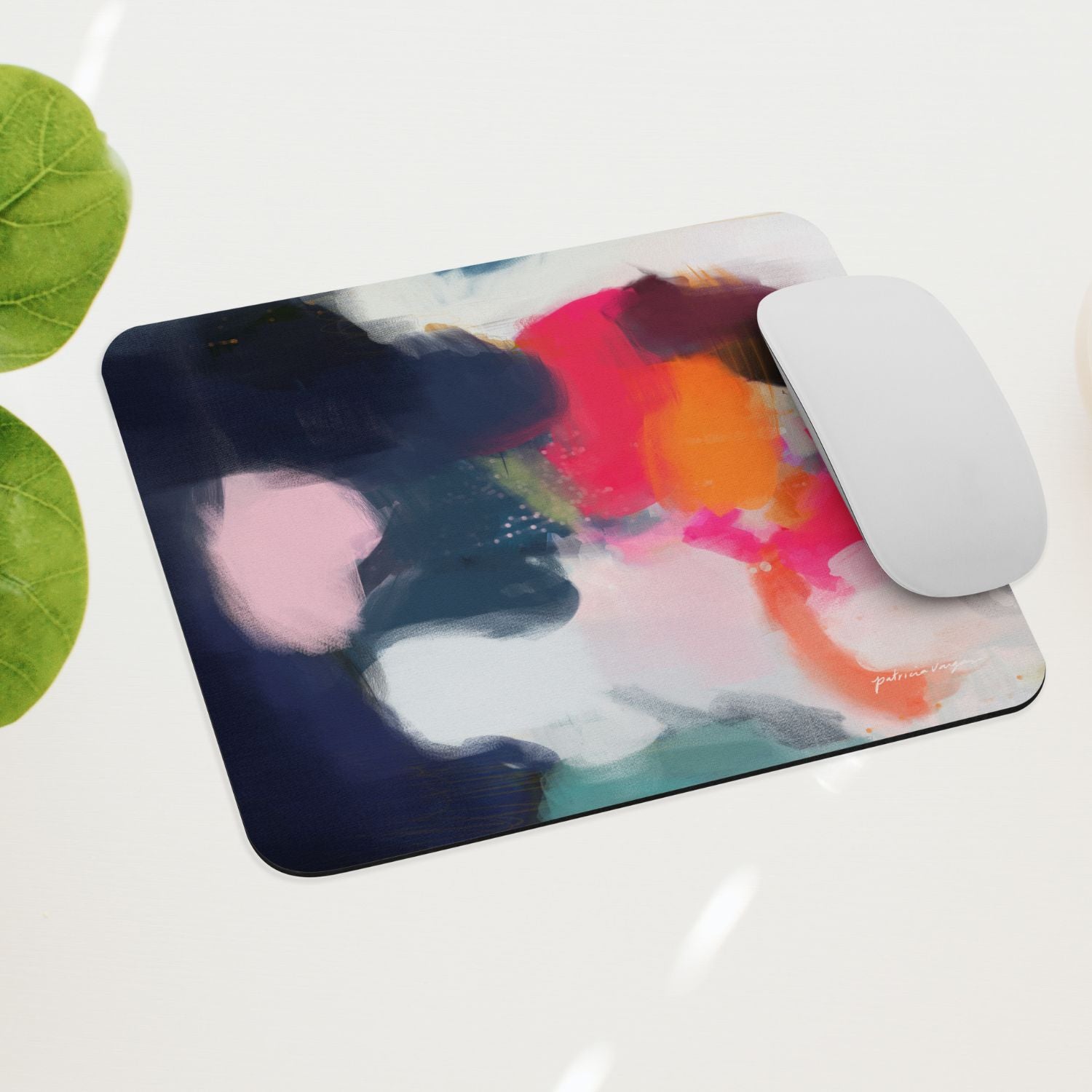 Eliza, blue and pink mouse pad for styling your office desk. Featuring artwork by Parima Studio. Home office styling accessories, cubicle styling accessories.