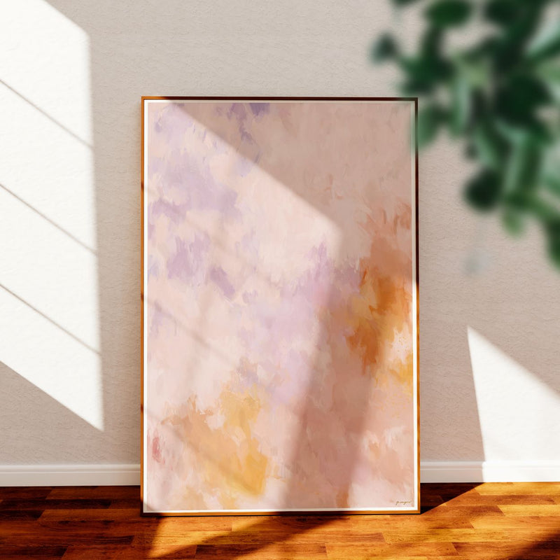 Elodie, purple and orange colorful abstract wall art print by Parima Studio. Oversize art for living room
