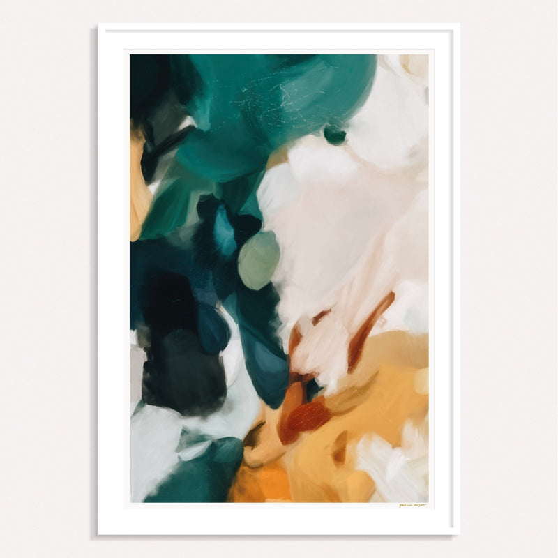 Emerald, blue and green framed vertical colorful abstract wall art print by Parima Studio