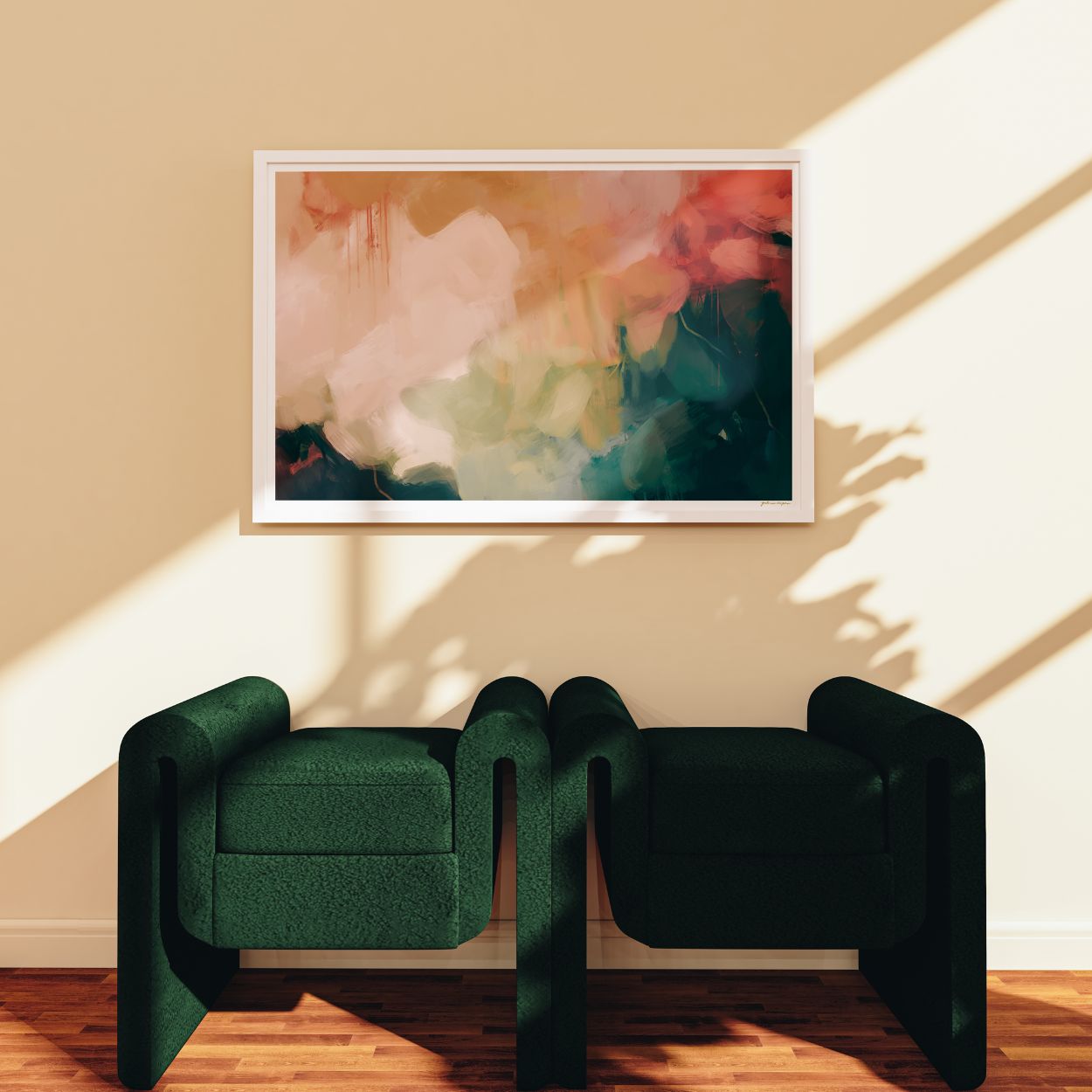 Eventide, green and gold colorful abstract wall art print by Parima Studio. Oversize horizontal art for over armchairs in great room