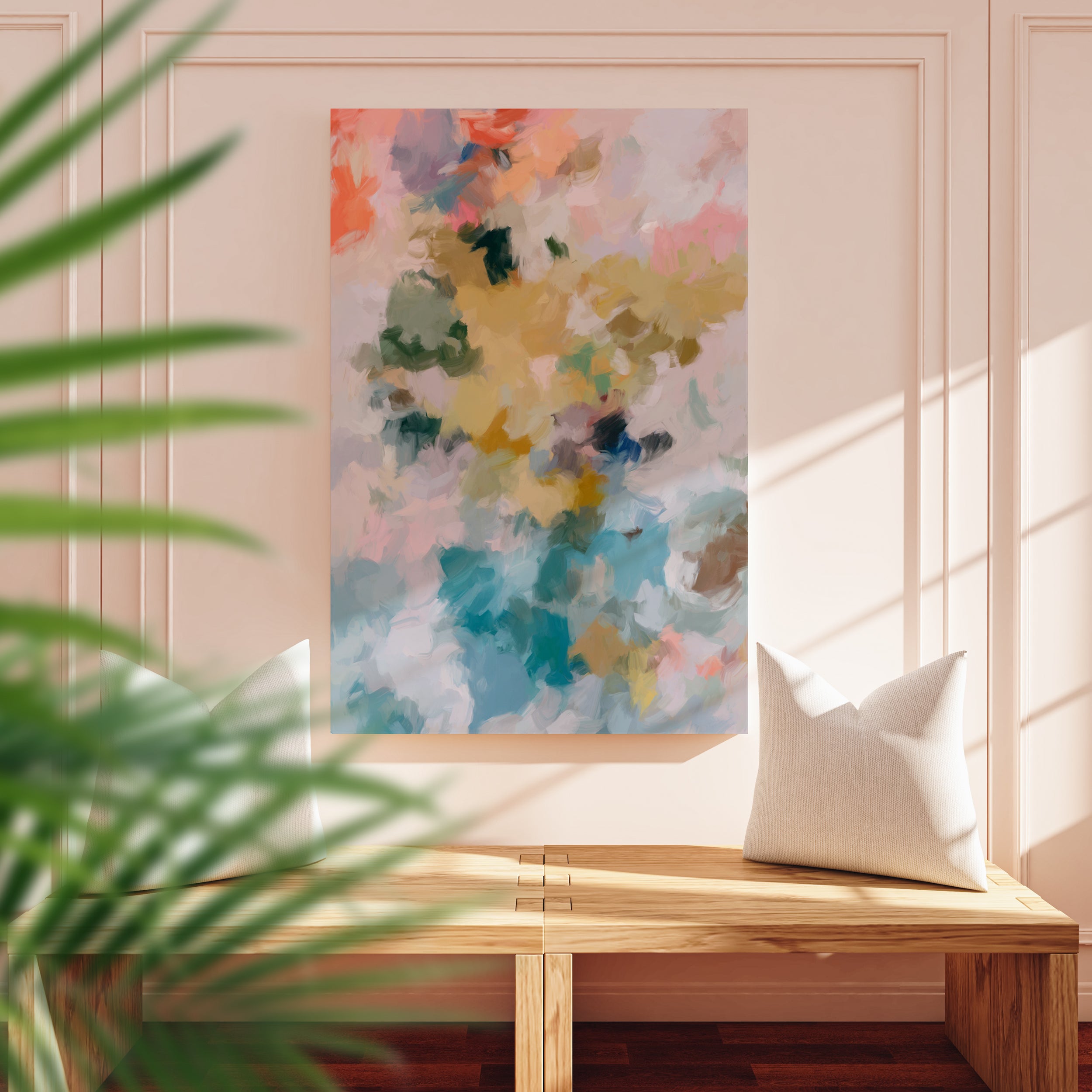 First Blooms No1. canvas wall art print inspired by spring. Bright light and airy. Abstract art print with colorful floral patterns on a white background