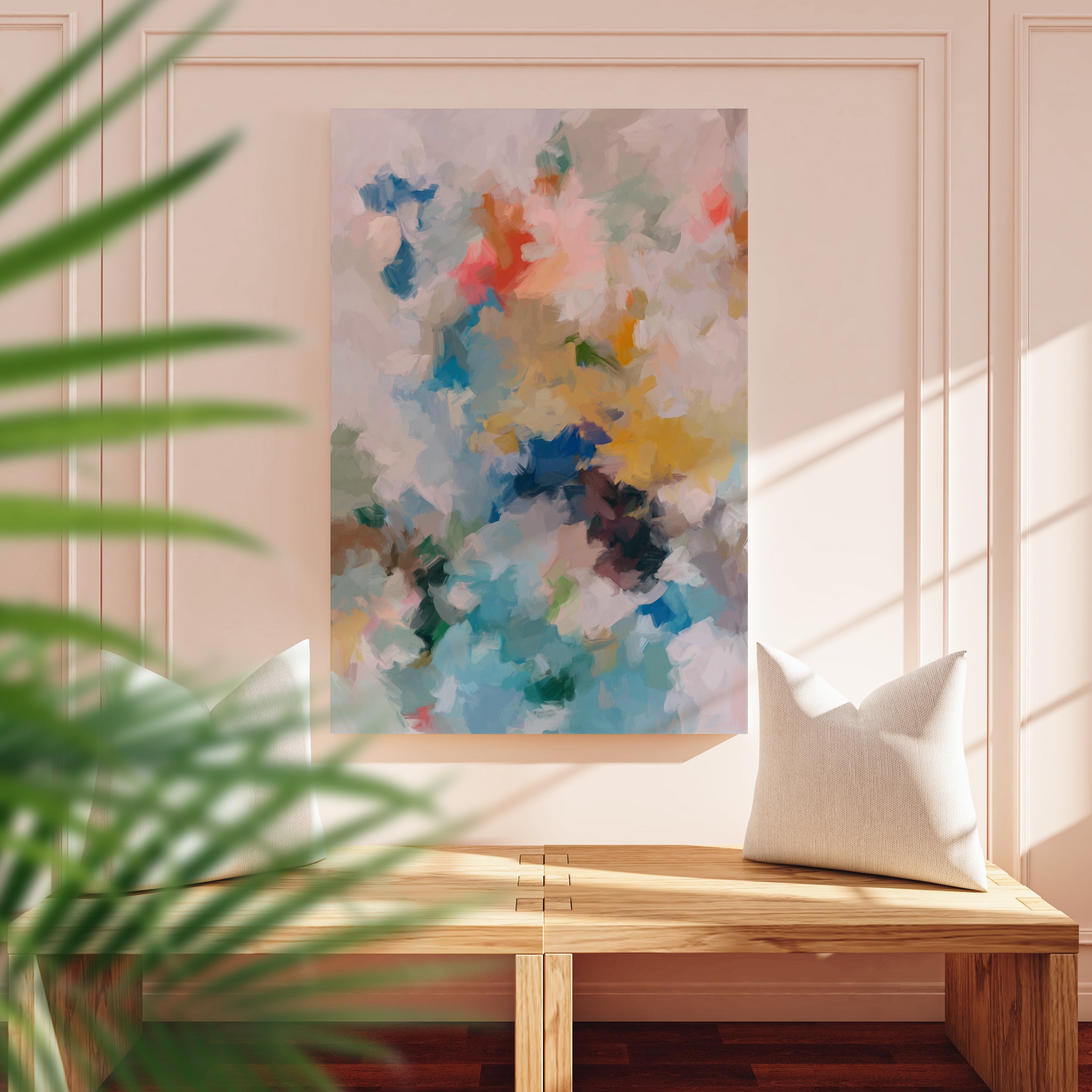 First Blooms No2., Spring inspired abstract contemporary wall art print by Patricia Vargas. Abstract watercolor painting with multicolors on a white background