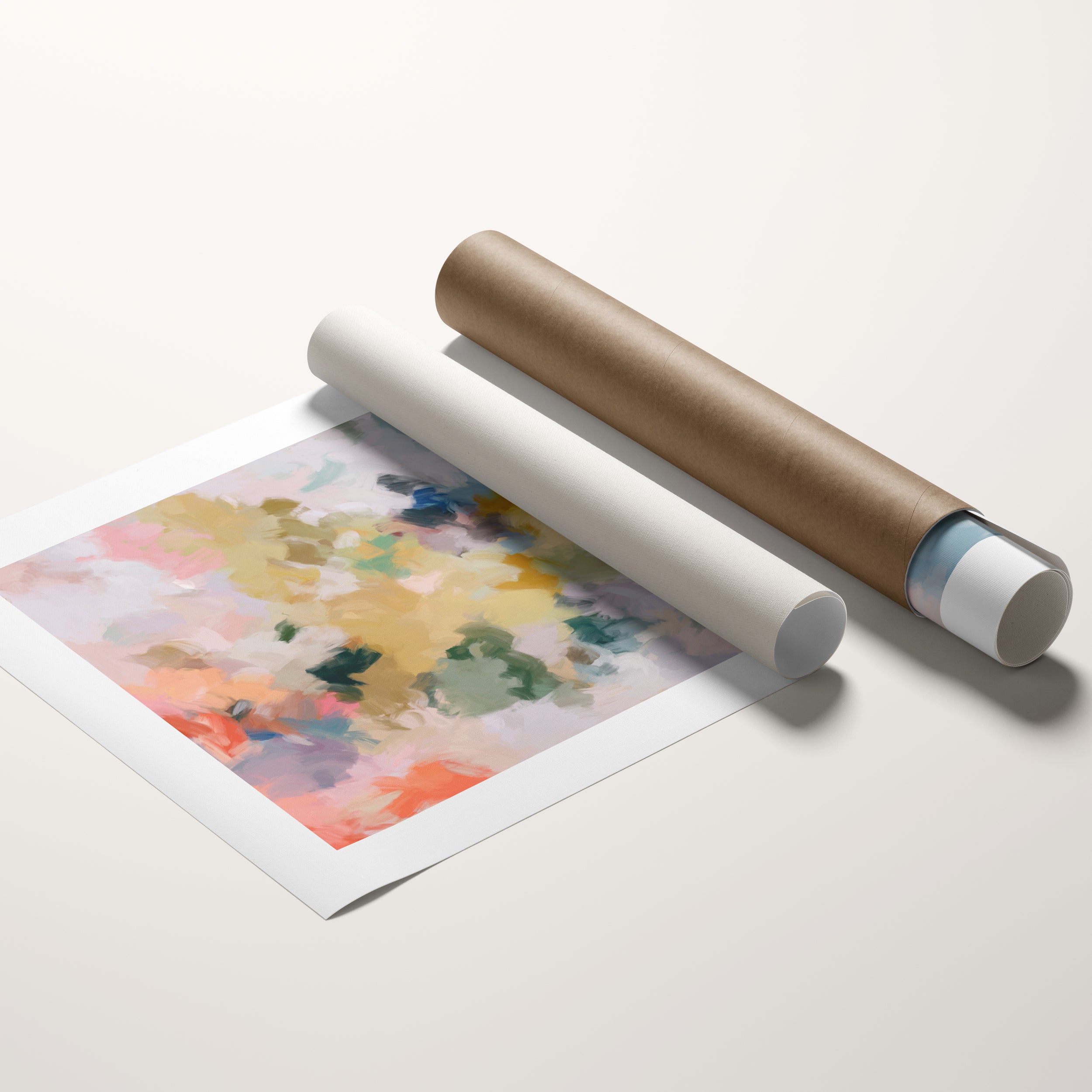 First Blooms No1. canvas wall art print inspired by spring. Bright light and airy. Abstract art print with colorful floral patterns on a white background