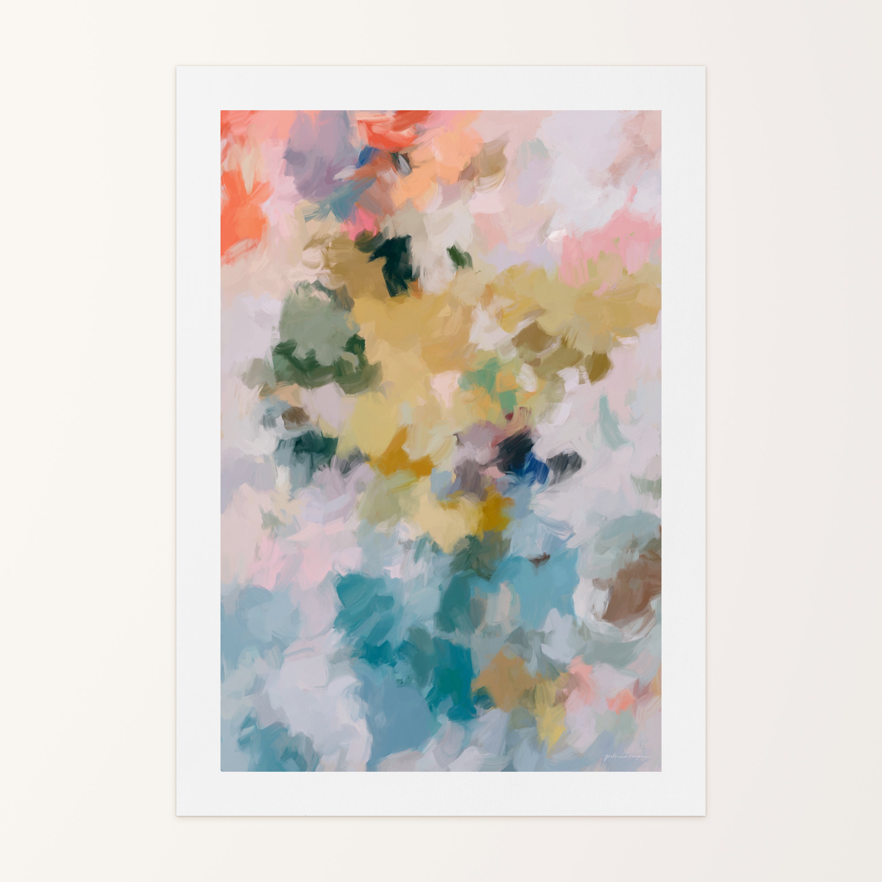 First Blooms No1. canvas wall art print inspired by spring. Bright light and airy. Abstract art print with colorful floral patterns on a white background