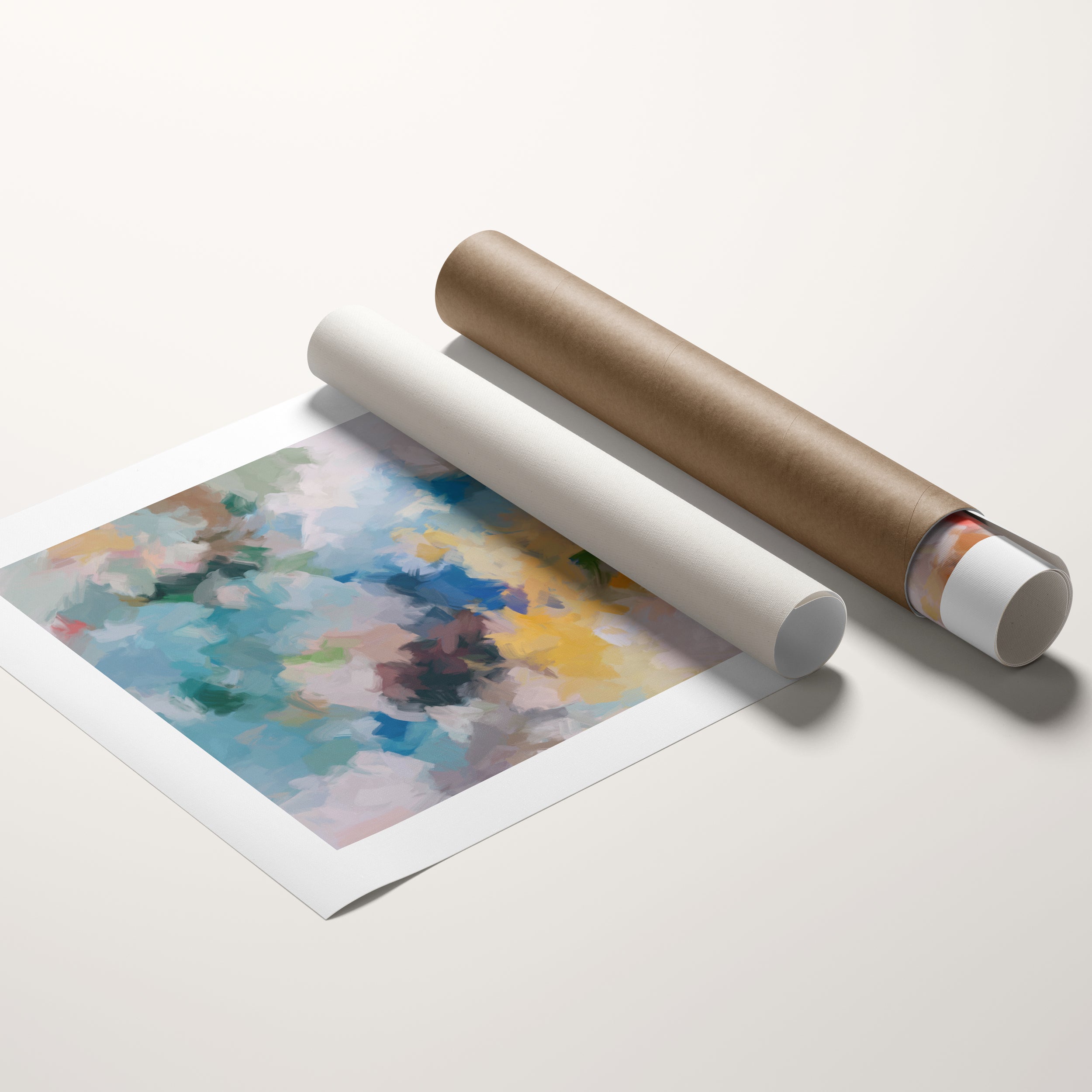 First Blooms No2., Spring inspired abstract contemporary wall art print by Patricia Vargas. Abstract watercolor painting with multicolors on a white background