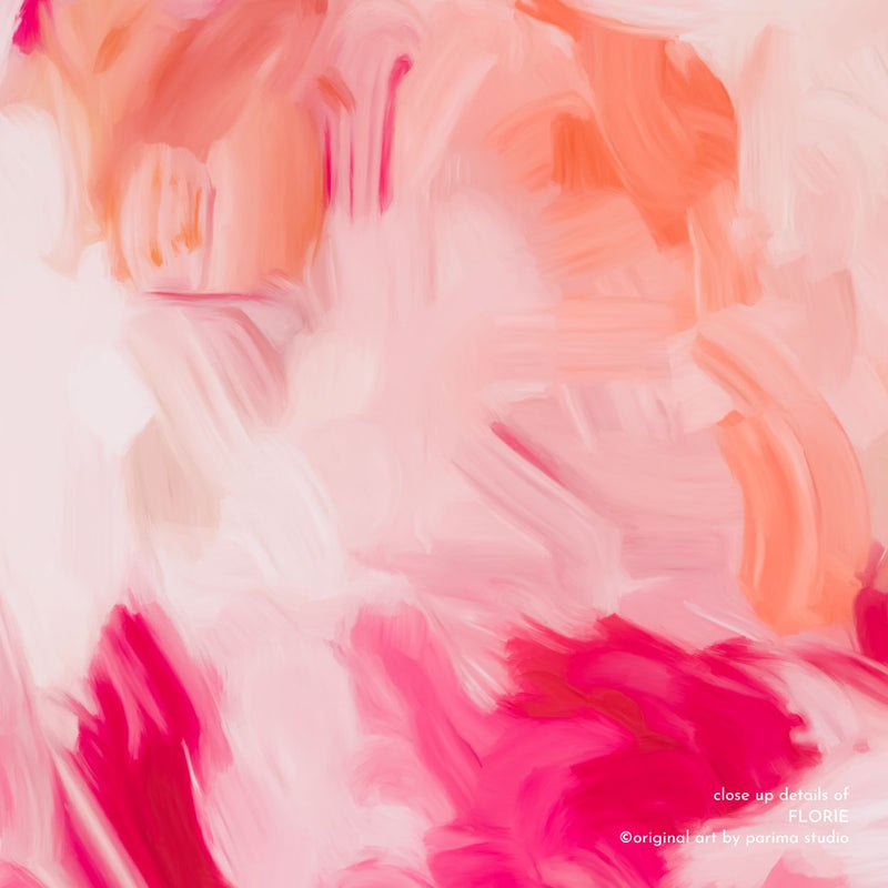 Close up of Florie, pink and orange colorful abstract wall art print by Parima Studio