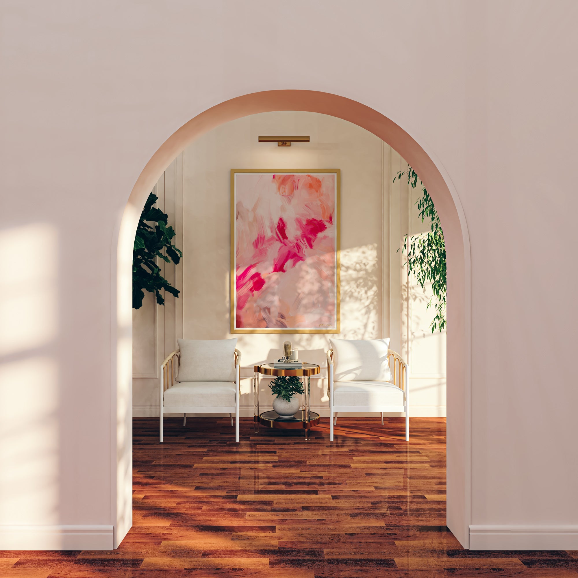 Florie, pink and orange colorful abstract wall art print by Parima Studio. Stunning vertical art in pink archway.