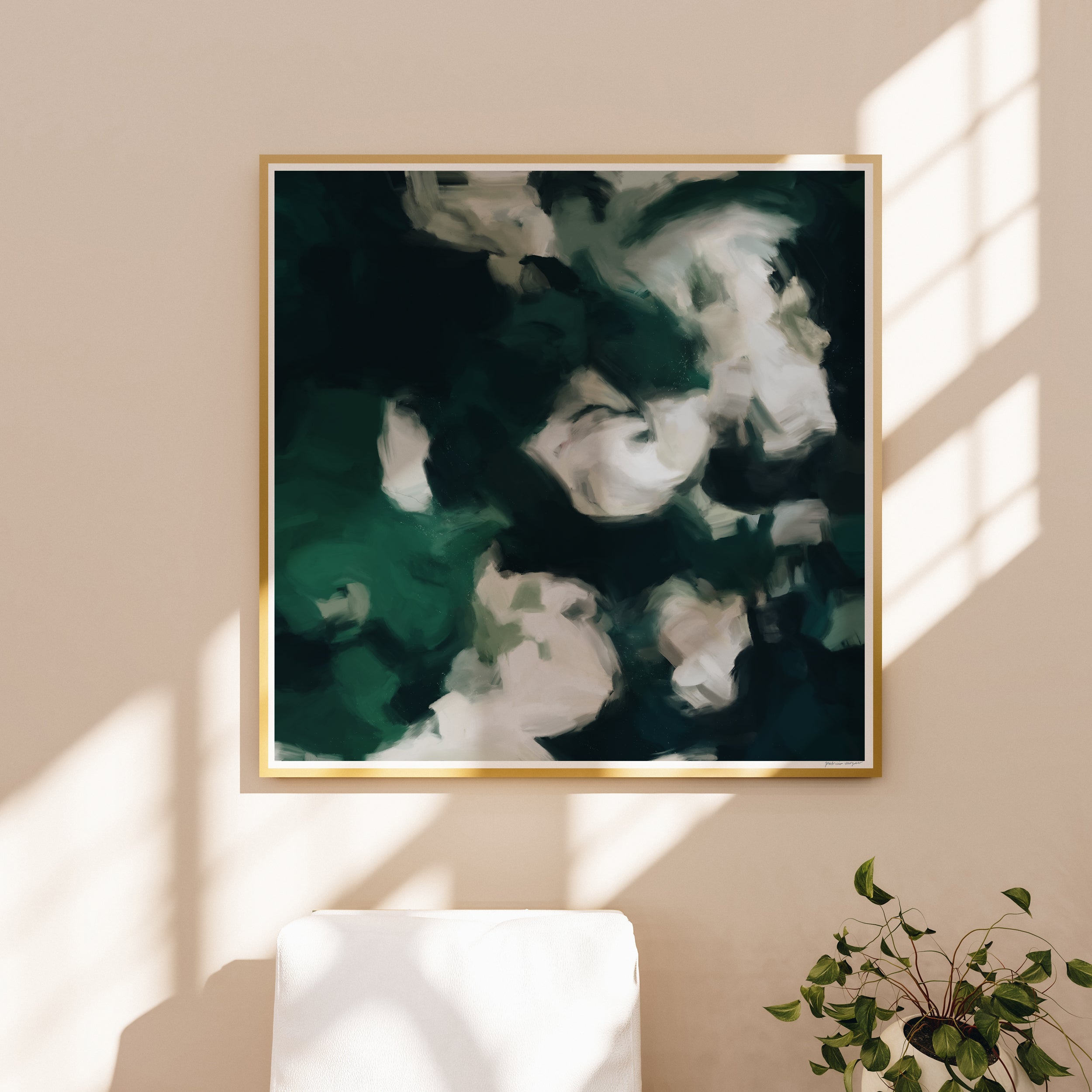 Gardenias, Abstract floral wall art print with a moody theme. Fine art by Patricia Vargas - Dark green emerald artwork in living room, bedroom, decor