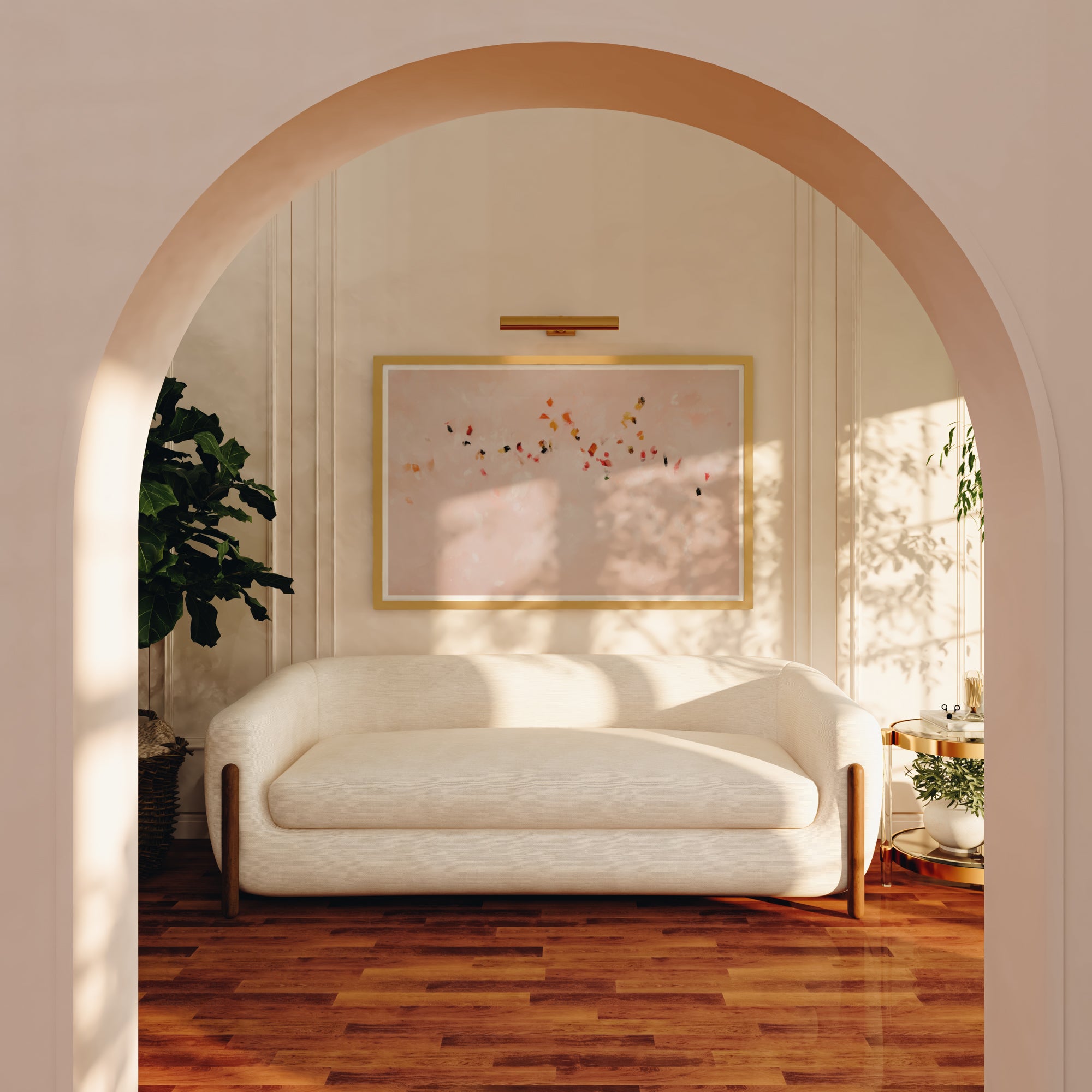 Gliding Along, Pink abstract wall art print in arched hallway entryway- large scale oversized horizontal art