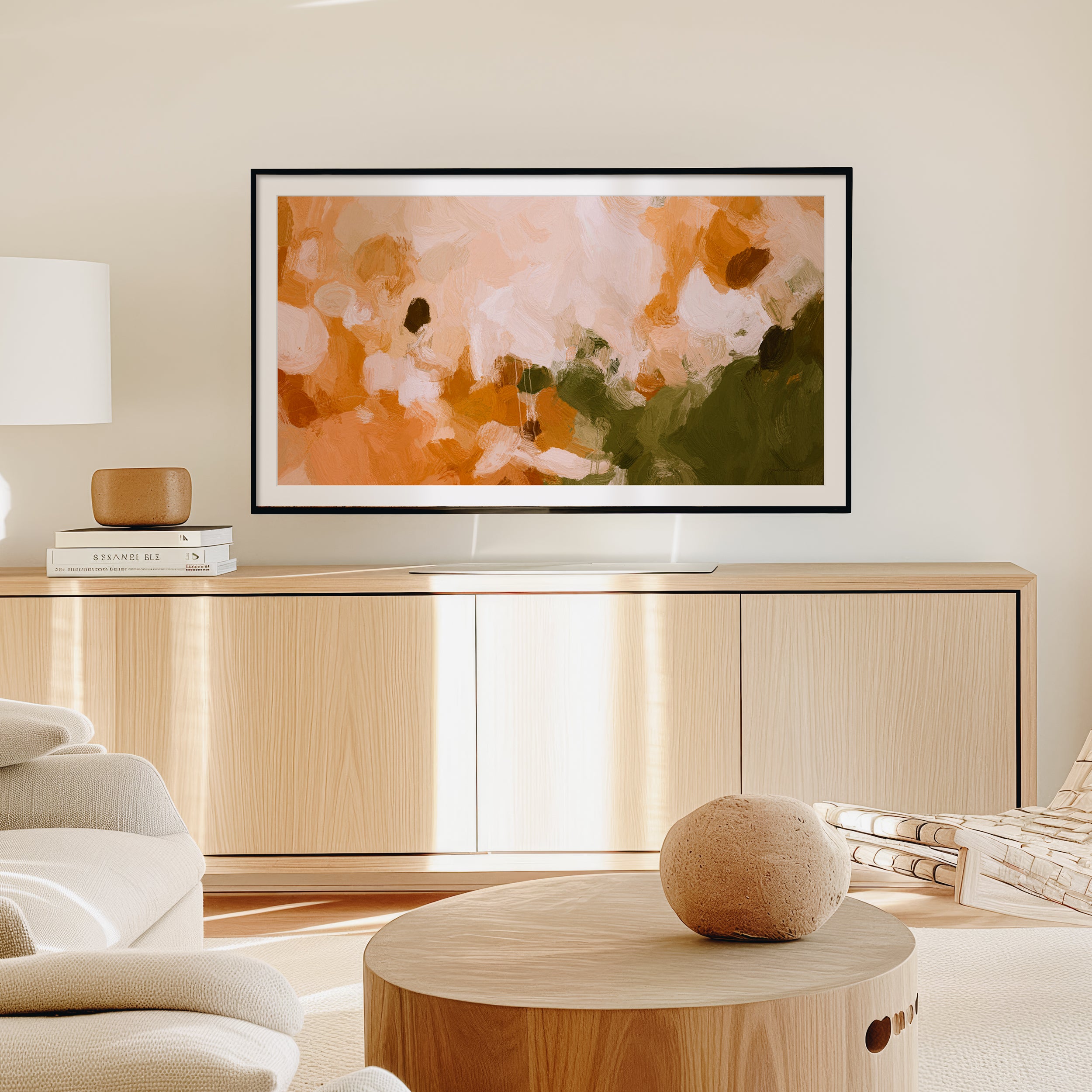 Greenside, olive green and brown orange, abstract art with mat for Samsung FrameTV - artwork for FrameTV - digital download. Art by Parima Studio