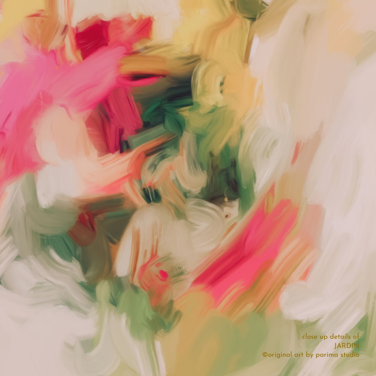 Close up of Jardin, pink and green colorful abstract wall art print by Parima Studio