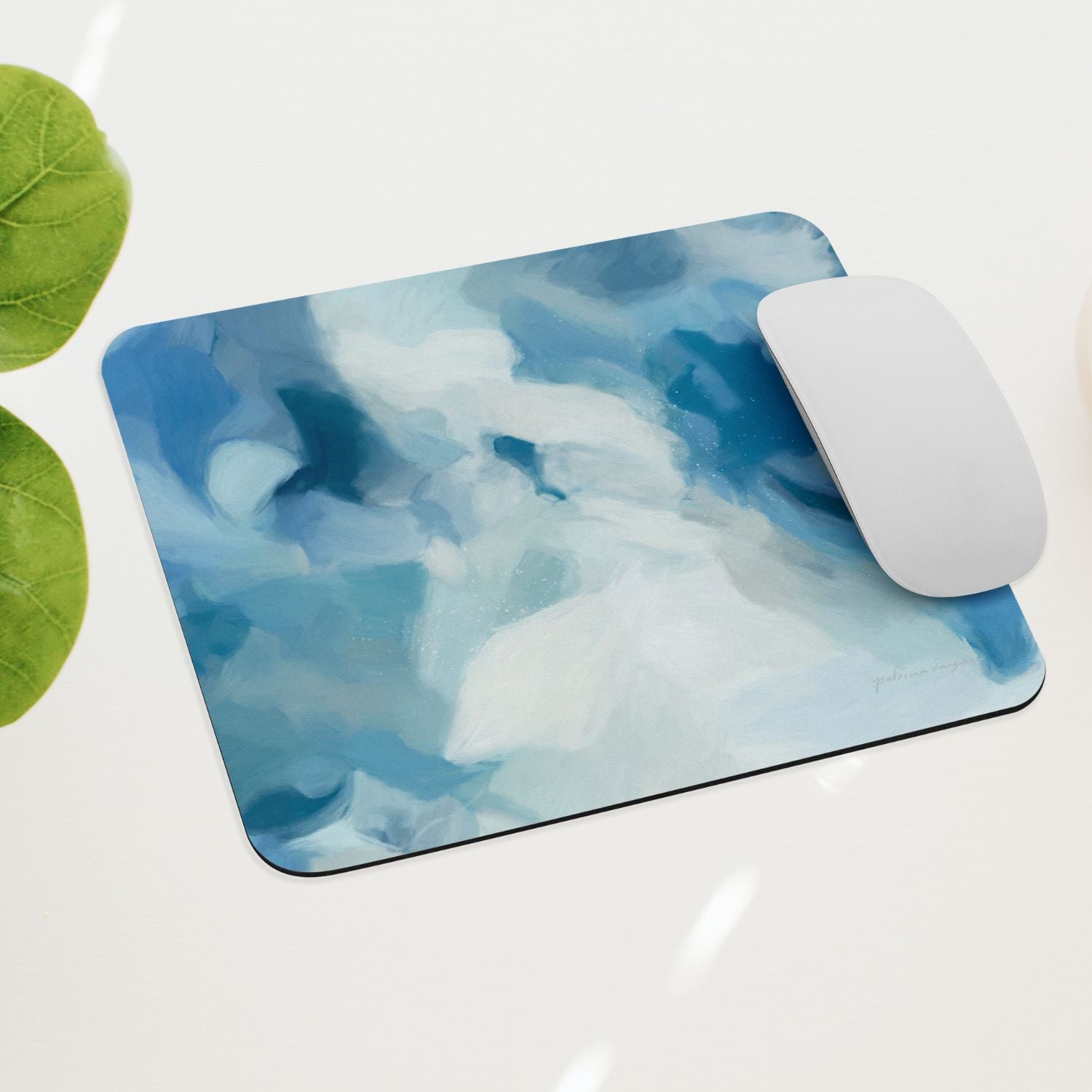 Liviana, blue mouse pad for styling your office desk. Featuring artwork by Parima Studio. Home office styling accessories, cubicle styling accessories.