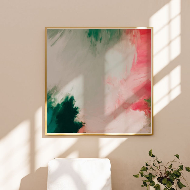 Maelyn, pink and green colorful abstract wall art print by Parima Studio. Oversize art for home office