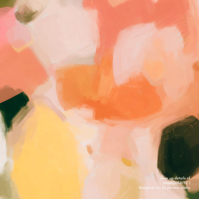 Close up of Marguerite I, pink and yellow colorful abstract wall art print by Parima Studio