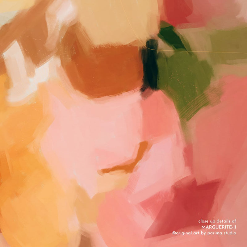 Close up of Marguerite II, pink and yellow colorful abstract wall art print by Parima Studio