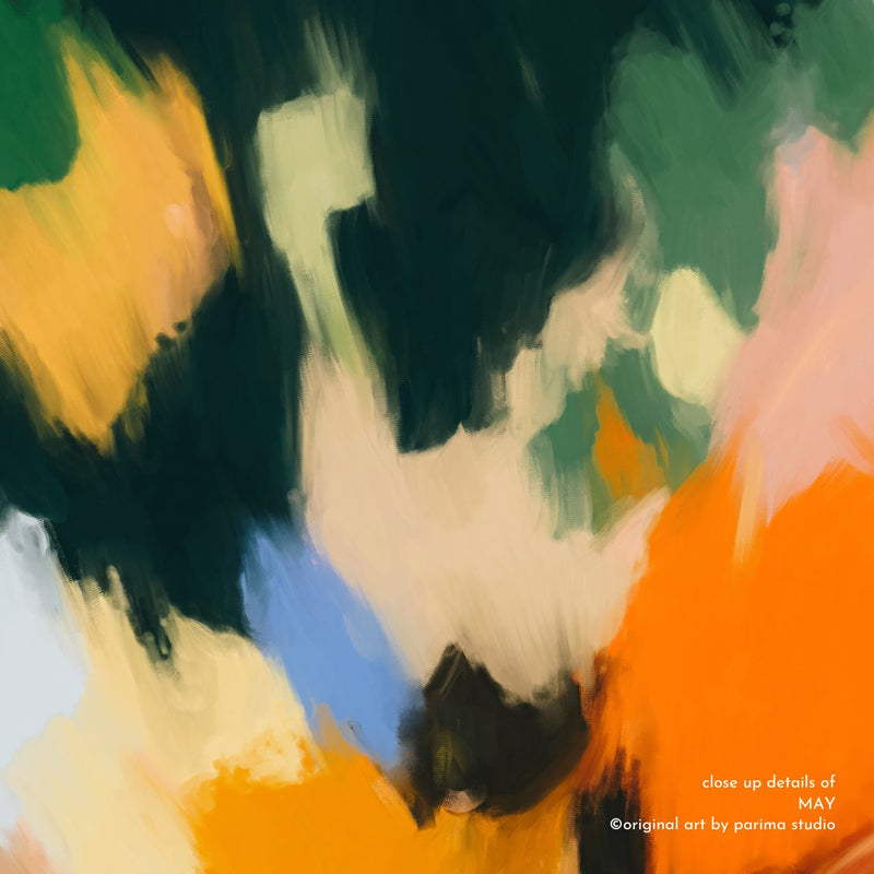 Close up May, green and orange colorful abstract wall art print by Parima Studio