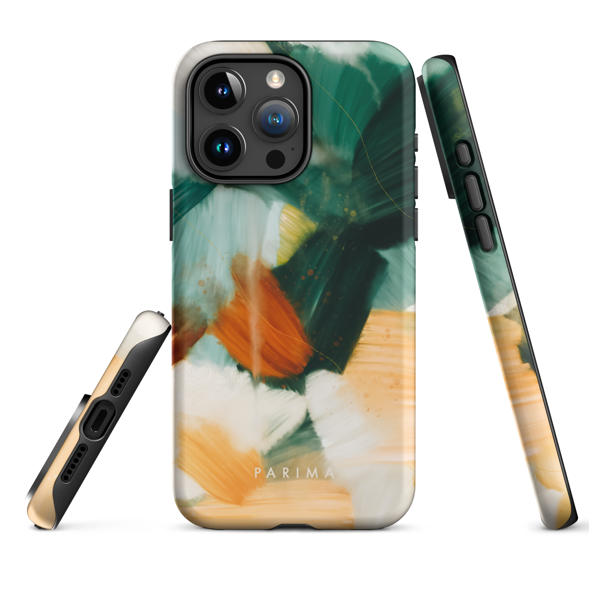 Meridian, green and orange abstract art on iPhone 15 Pro Max tough case by Parima Studio