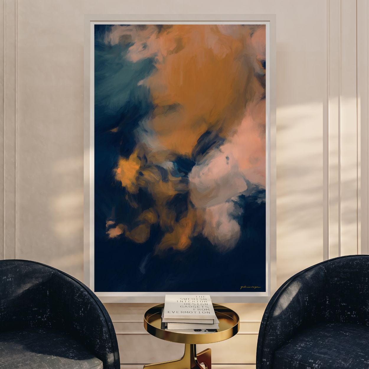 Mia Luna, blue and orange colorful abstract wall art print by Parima Studio. Large art for living room