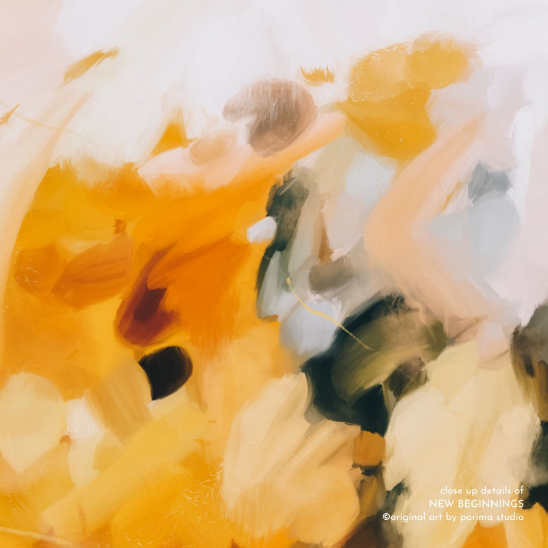 Close up of New Beginnings- large yellow abstract art print - Parima Studio