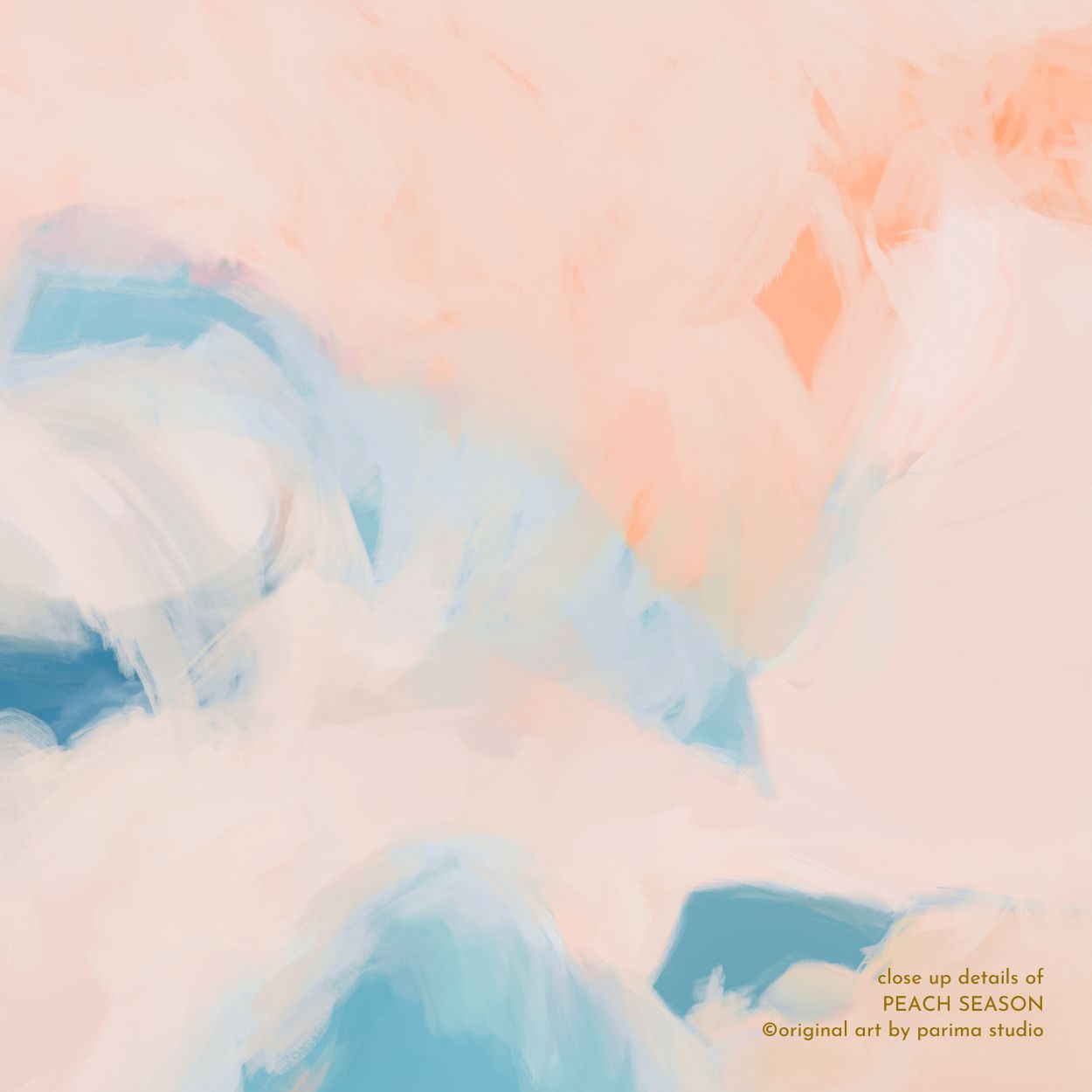 Close up of Peach Season, pink and blue colorful abstract wall art print by Parima Studio