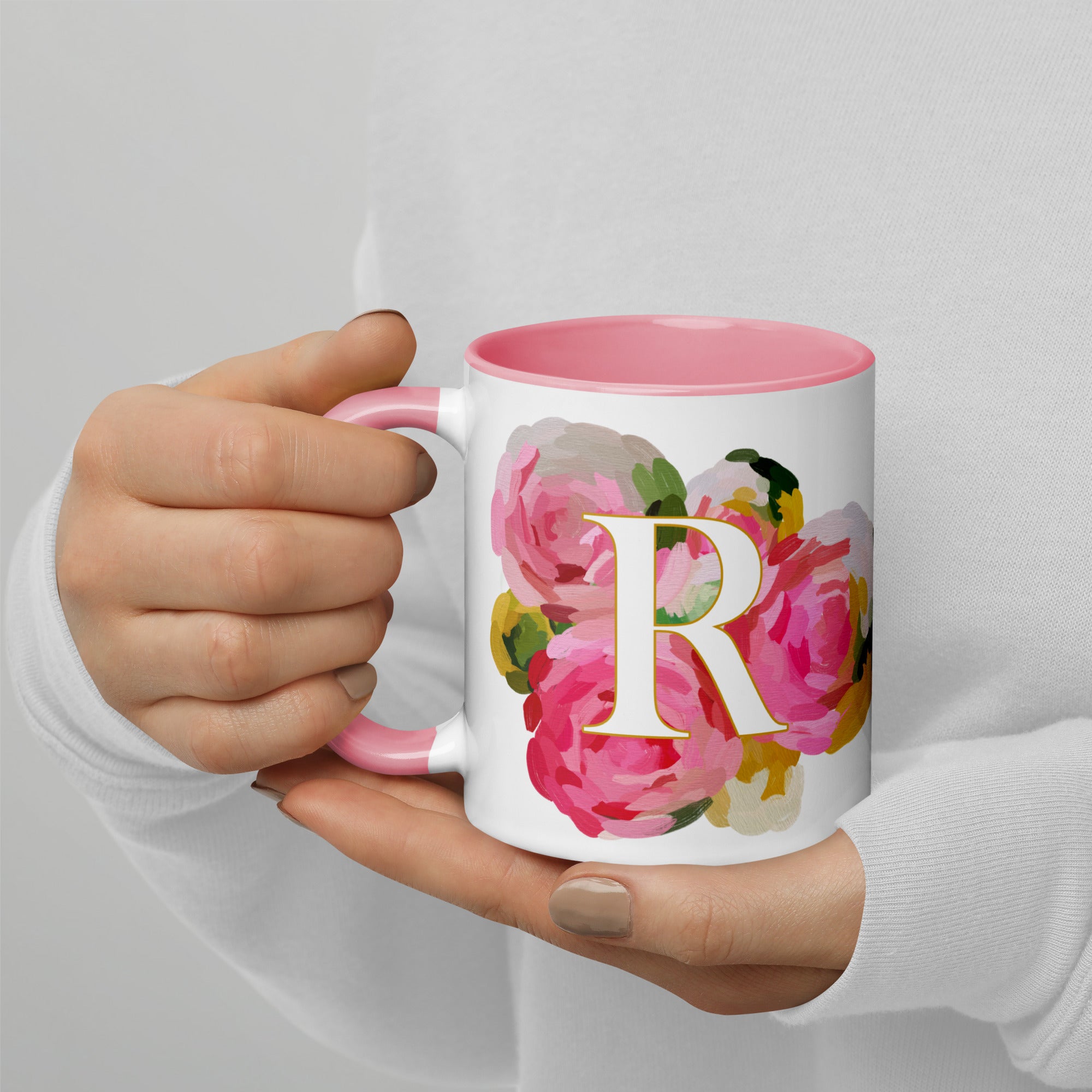 Pink Flowers Monogram Ceramic Mug - Letter R - Pretty coffee and tea mug for flower lovers. Colored on the inside and the handle. Art by Parima Studio. Chic floral mug
