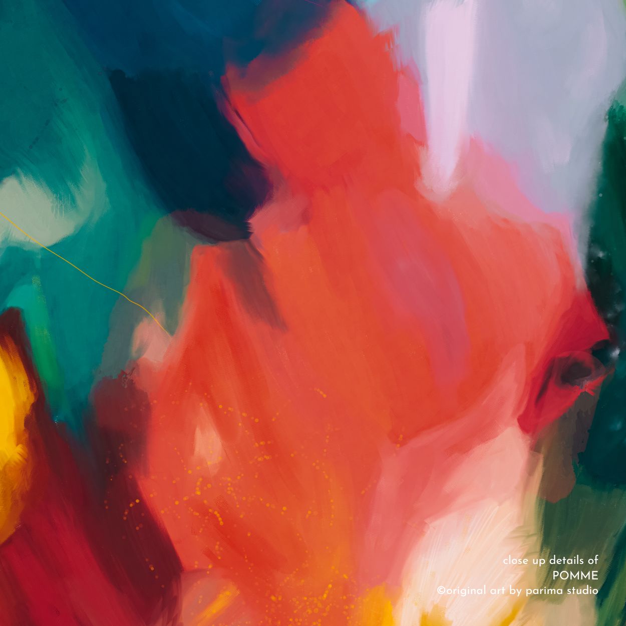 Close up of Pomme, red green and yellow colorful abstract wall art print by Parima Studio
