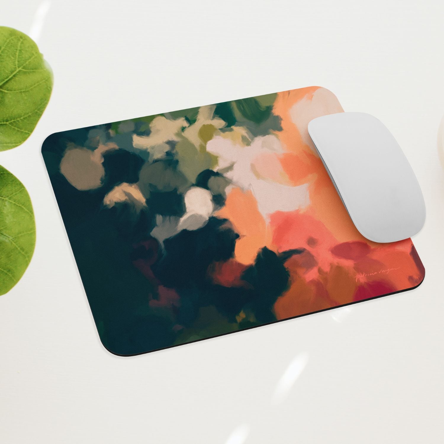 Ria, blue and orange mouse pad for styling your office desk. Featuring artwork by Parima Studio. Home office styling accessories, cubicle styling accessories.