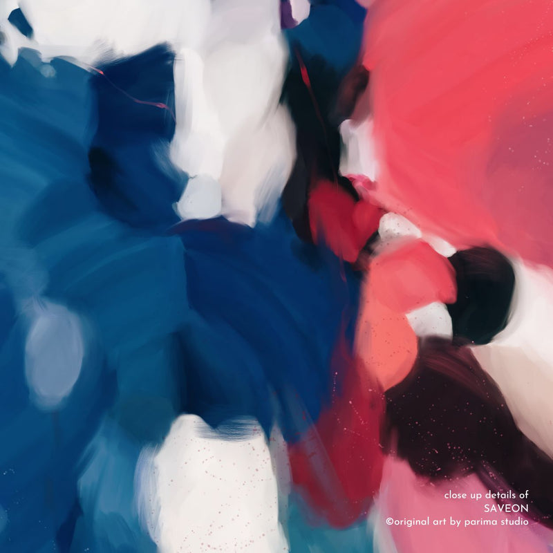 Close up of Saveon - navy blue and pink abstract art print - Parima Studio