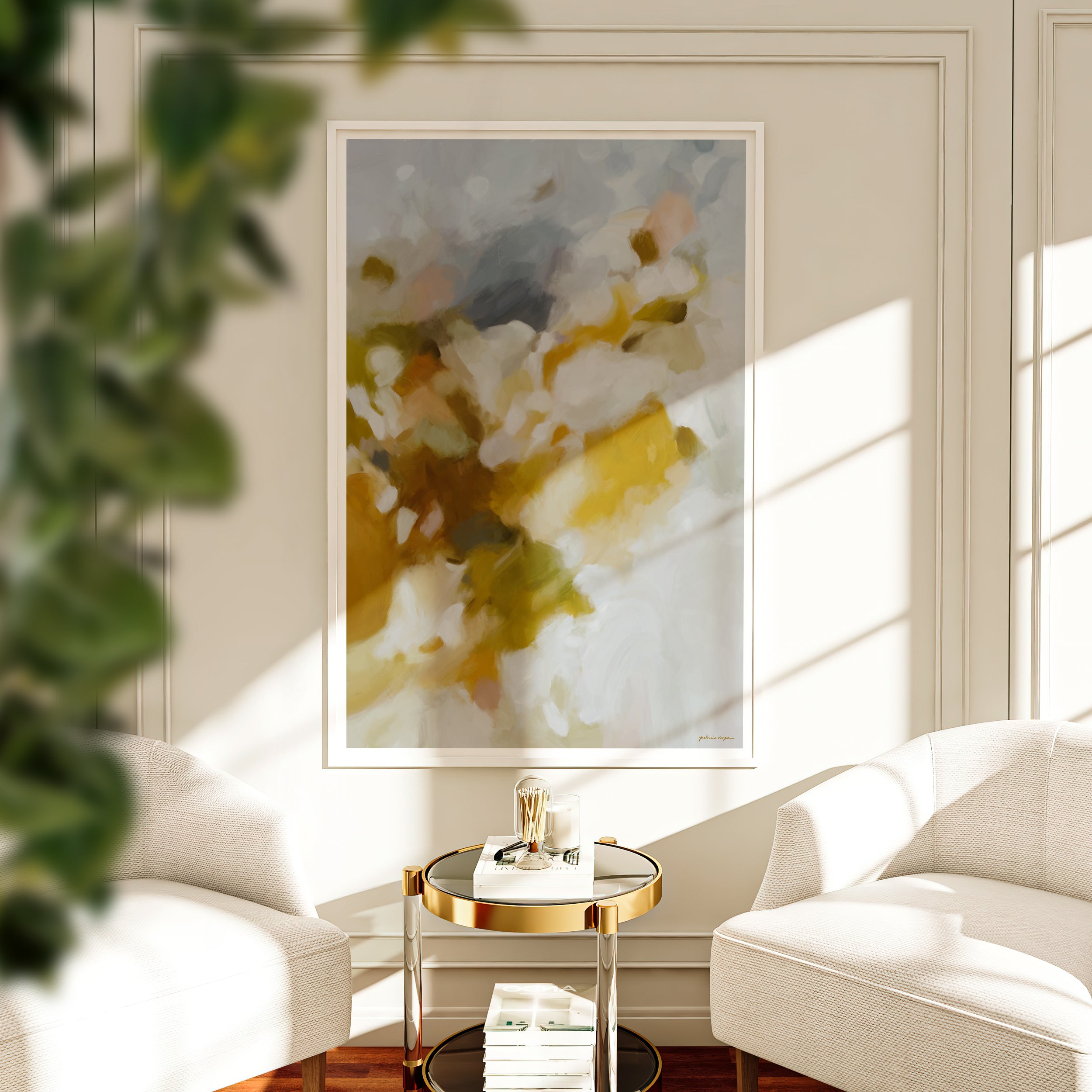 Serphanie, french blue golden yellow soft chic abstract art print by Parima Studio in white living room decor - panel walls white accent chairs