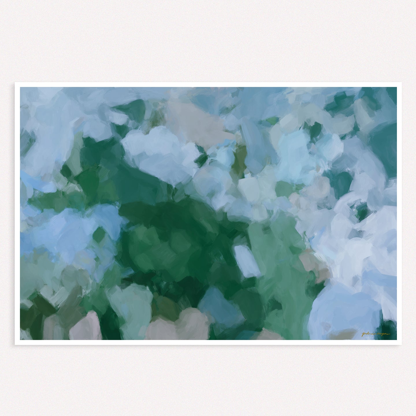 Sky and Earth, Pretty light blue and green contemporary abstract wall art print. Large scale art for home and hospitality. Original artwork by Patricia Vargas