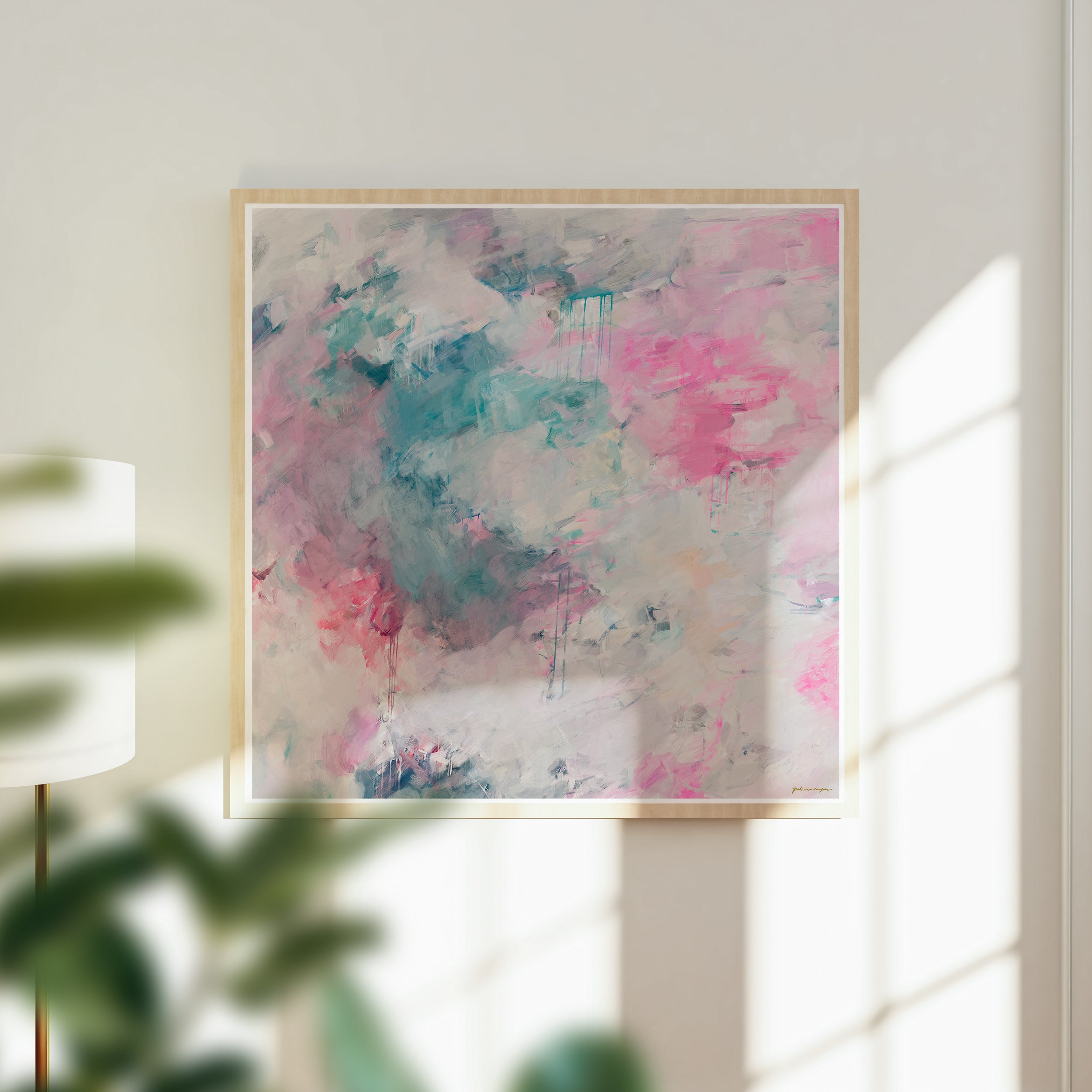 Splash, bright pink and cool teal blue square abstract wall art print by Parima Studio- Summer inspired art for your home decor living room