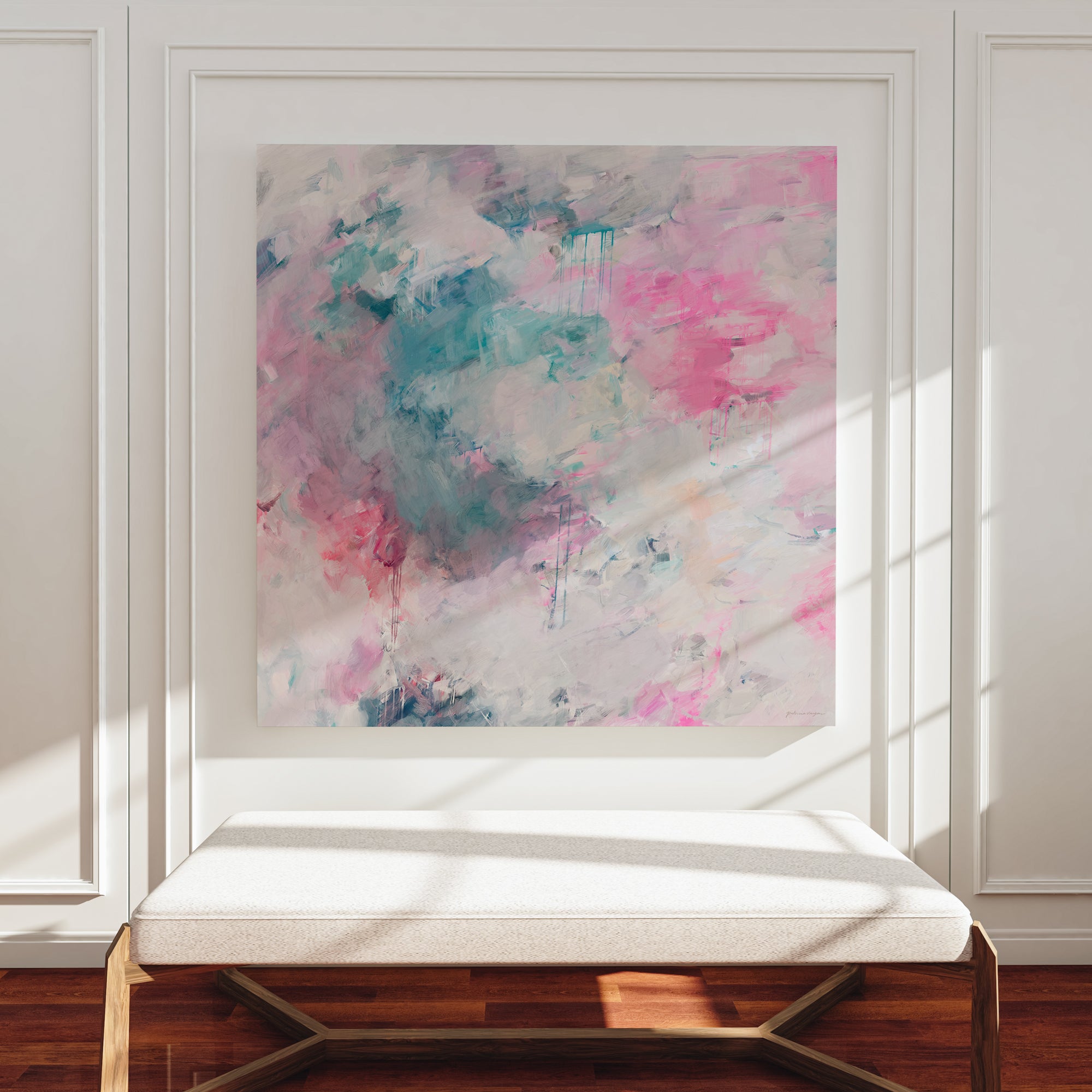 Splash, bright pink and cool teal blue square abstract wall art canvas giclee print by Parima Studio- Summer inspired art for your home decor. Oversized large scale art that makes a statement