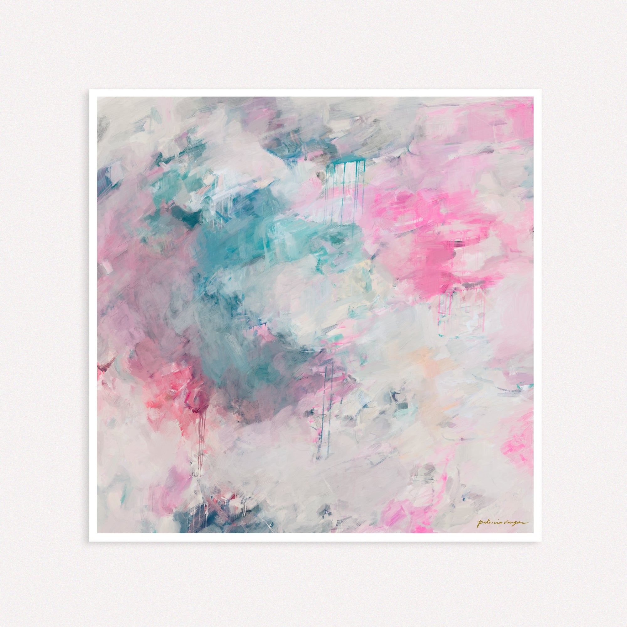 Splash, bright pink and cool teal blue square abstract wall art print by Parima Studio- Summer inspired art for your home decor
