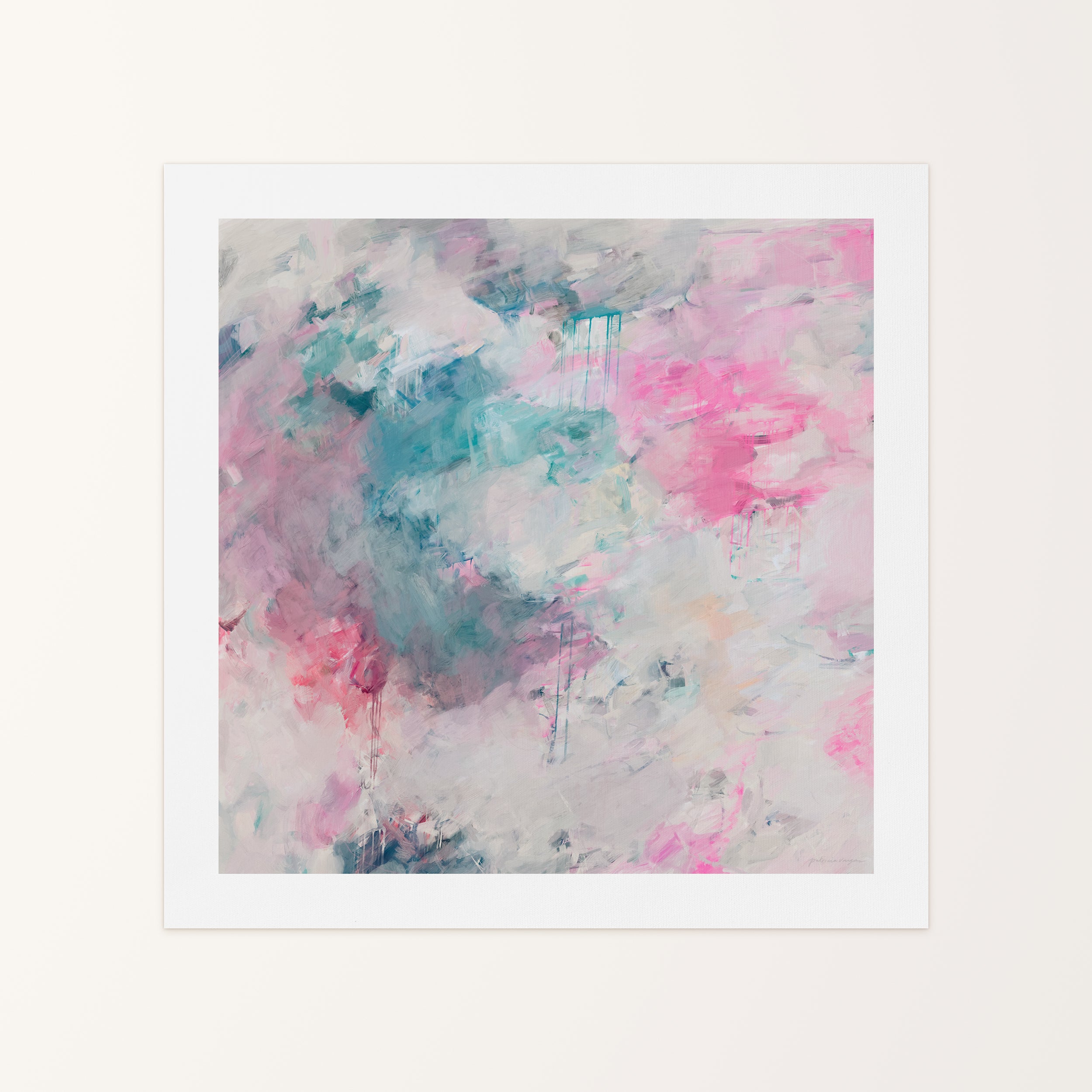 Splash, bright pink and cool teal blue square abstract wall art canvas giclee print by Parima Studio- Summer inspired art for your home decor. Oversized large scale art that makes a statement