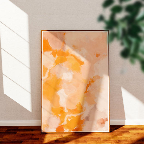 Sweet Orange, orange and pink colorful abstract wall art print by Parima Studio. Oversize vertical art for living room.