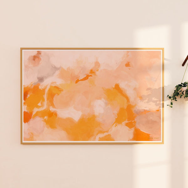 Sweet Orange, orange and pink colorful abstract wall art print by Parima Studio. Large horizontal art for living room.
