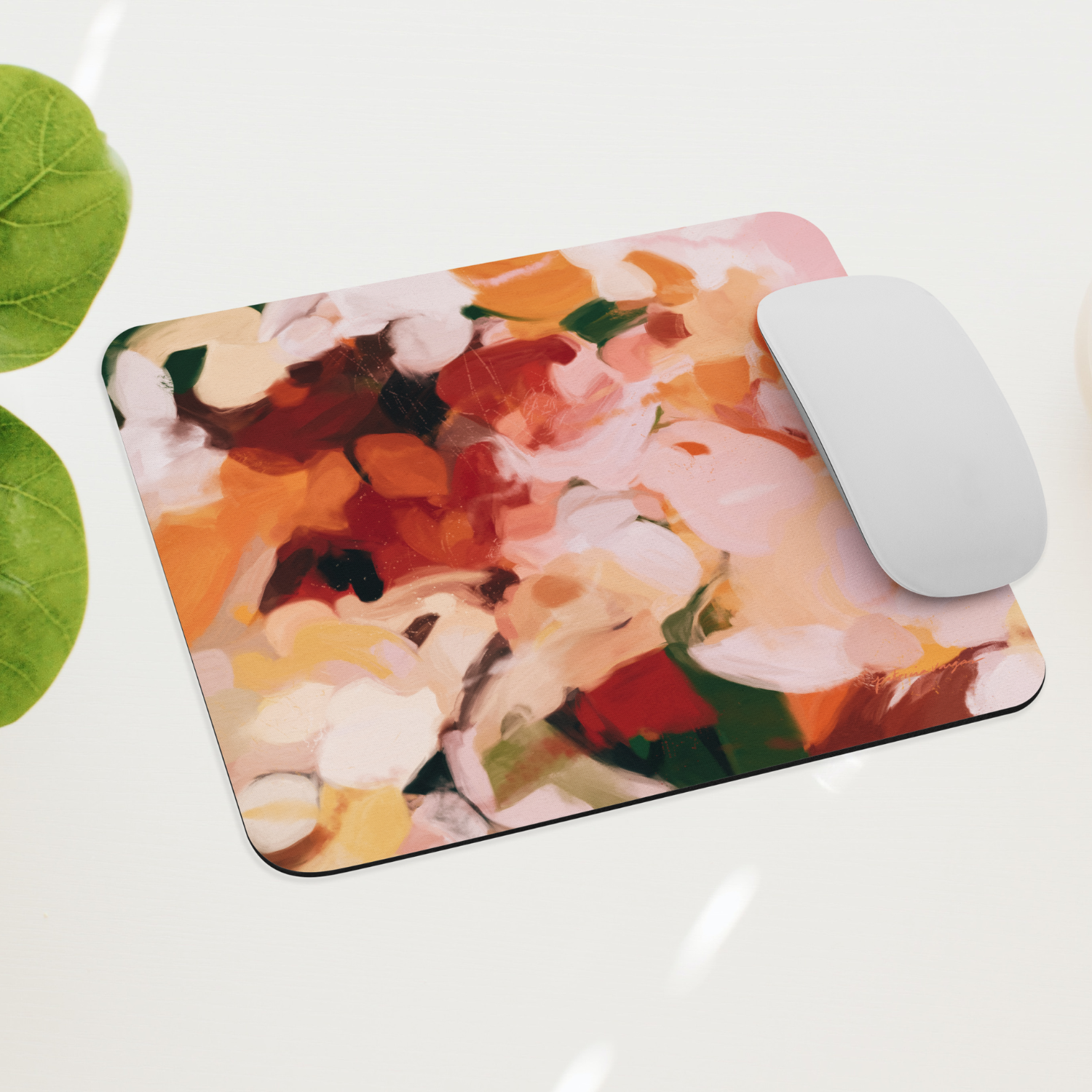 The Grove, green and pink mouse pad for styling your office desk. Featuring artwork by Parima Studio. Home office styling accessories, cubicle styling accessories.