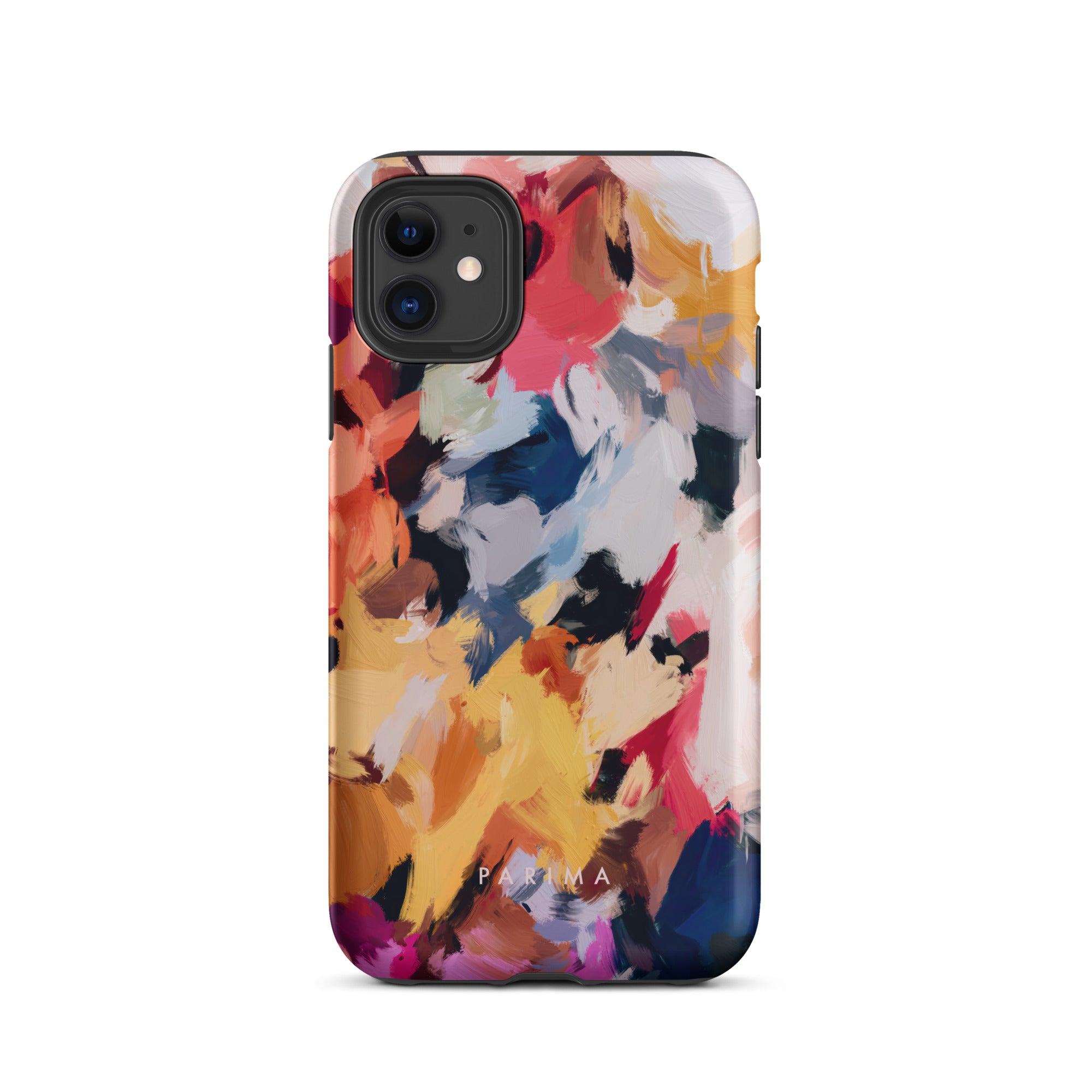 Wilde, blue and yellow abstract art on iPhone 11 tough case by Parima Studio