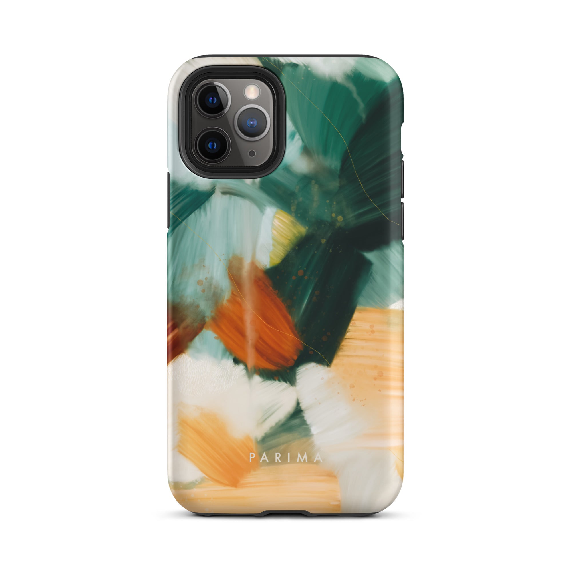 Meridian, green and orange abstract art on iPhone 11 Pro tough case by Parima Studio