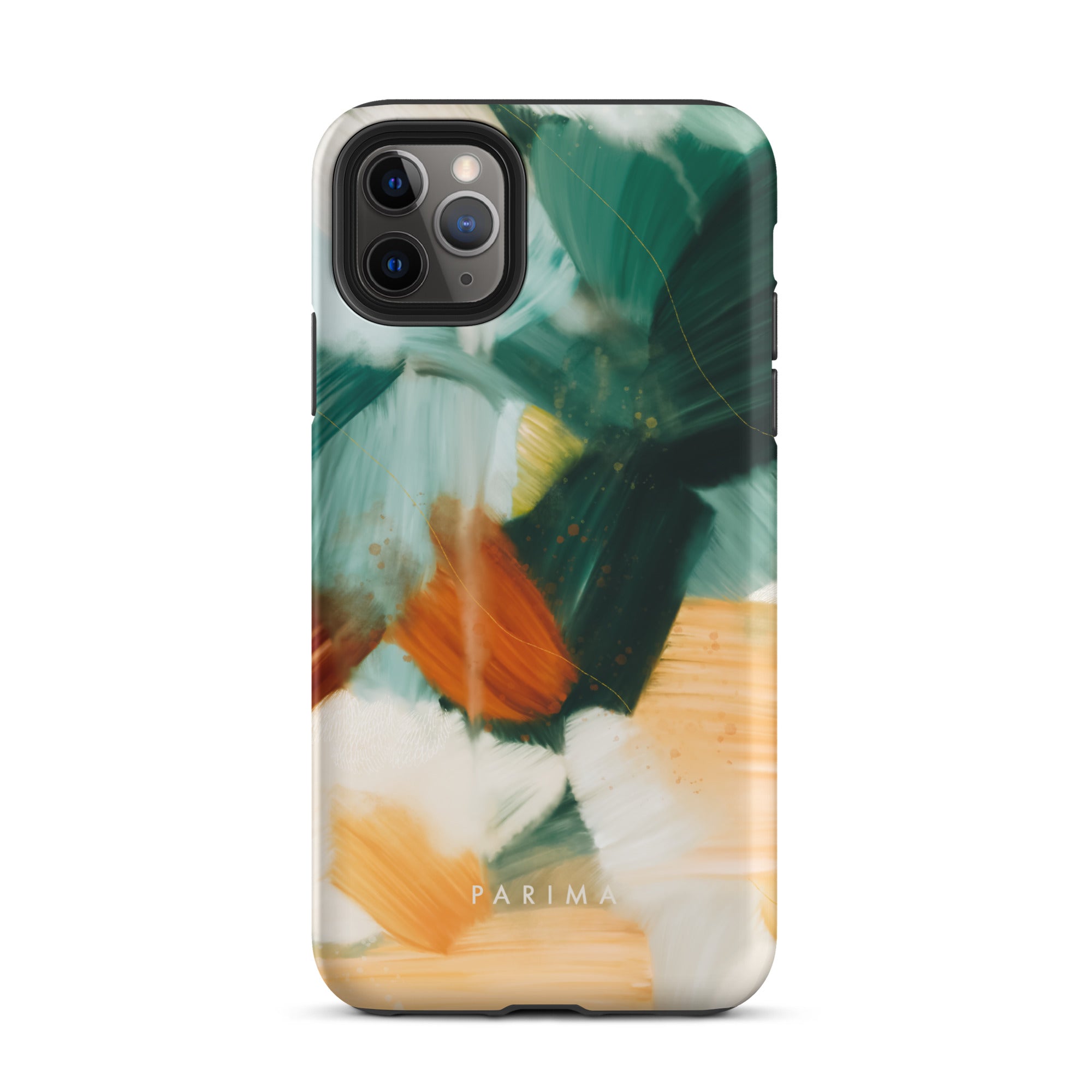 Meridian, green and orange abstract art on iPhone 11 Pro Max tough case by Parima Studio