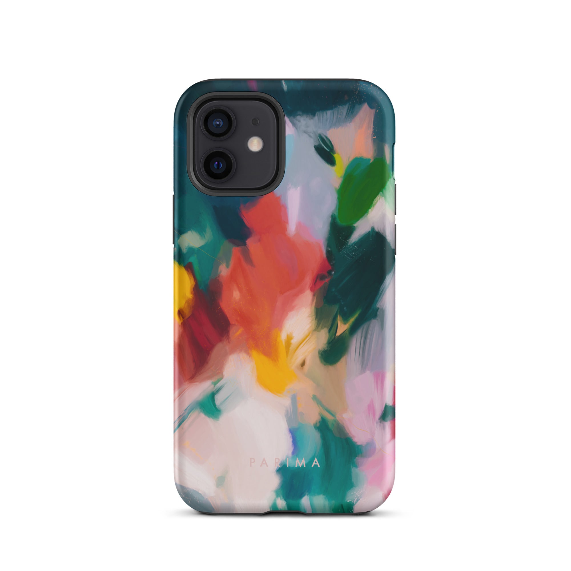 Pomme, blue and red abstract art on iPhone 12 tough case by Parima Studio