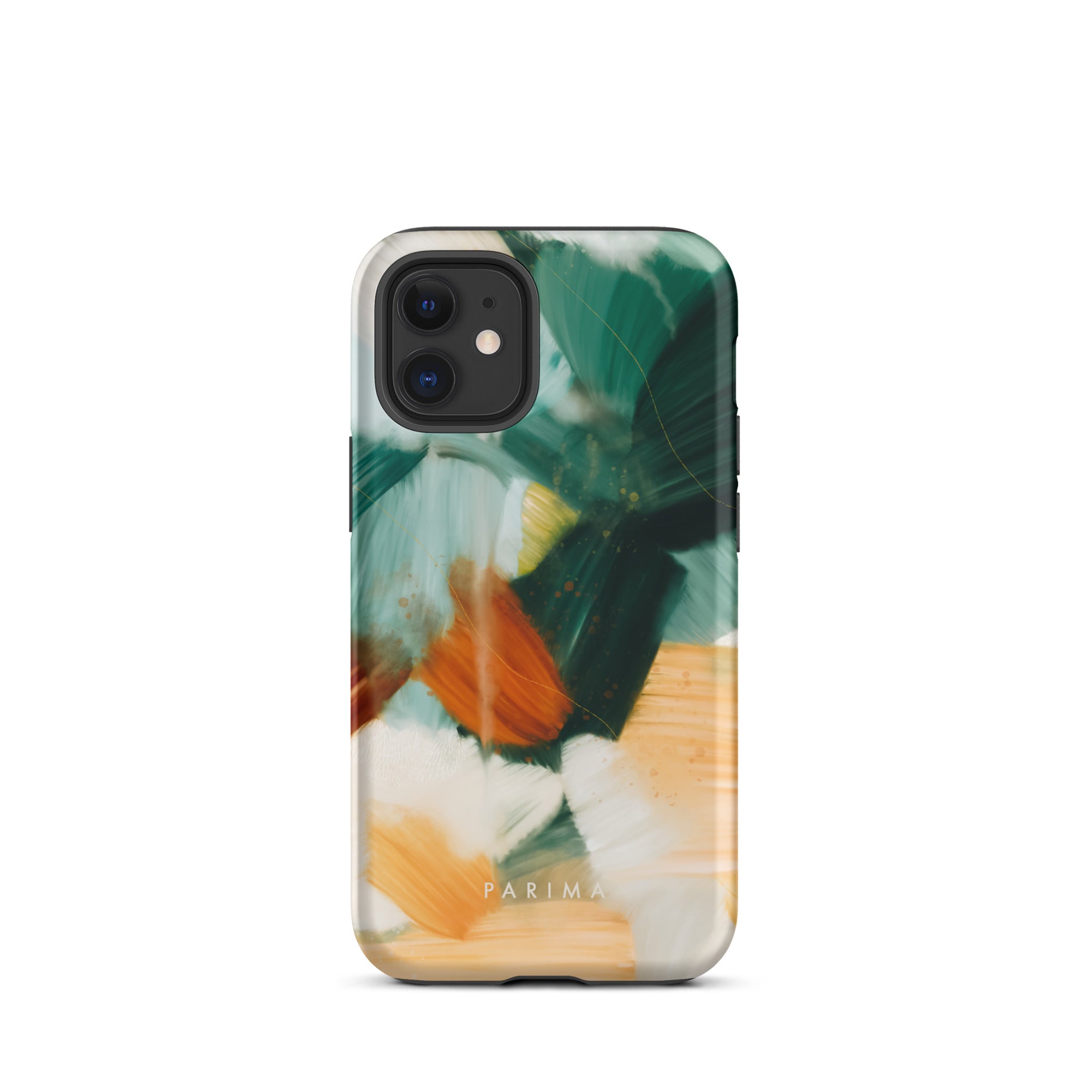 Meridian, green and orange abstract art on iPhone 12 mini tough case by Parima Studio