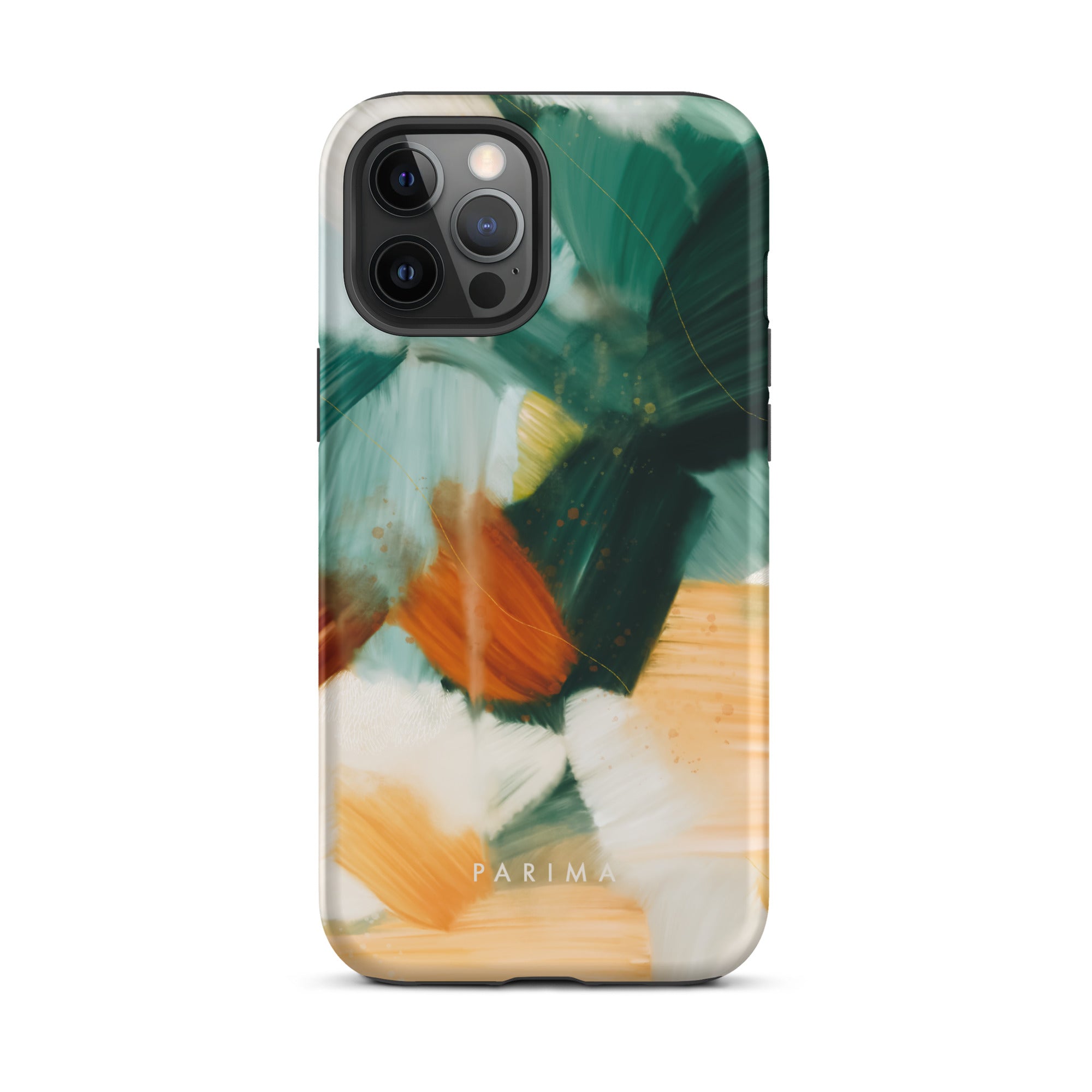 Meridian, green and orange abstract art on iPhone 12 Pro Max tough case by Parima Studio