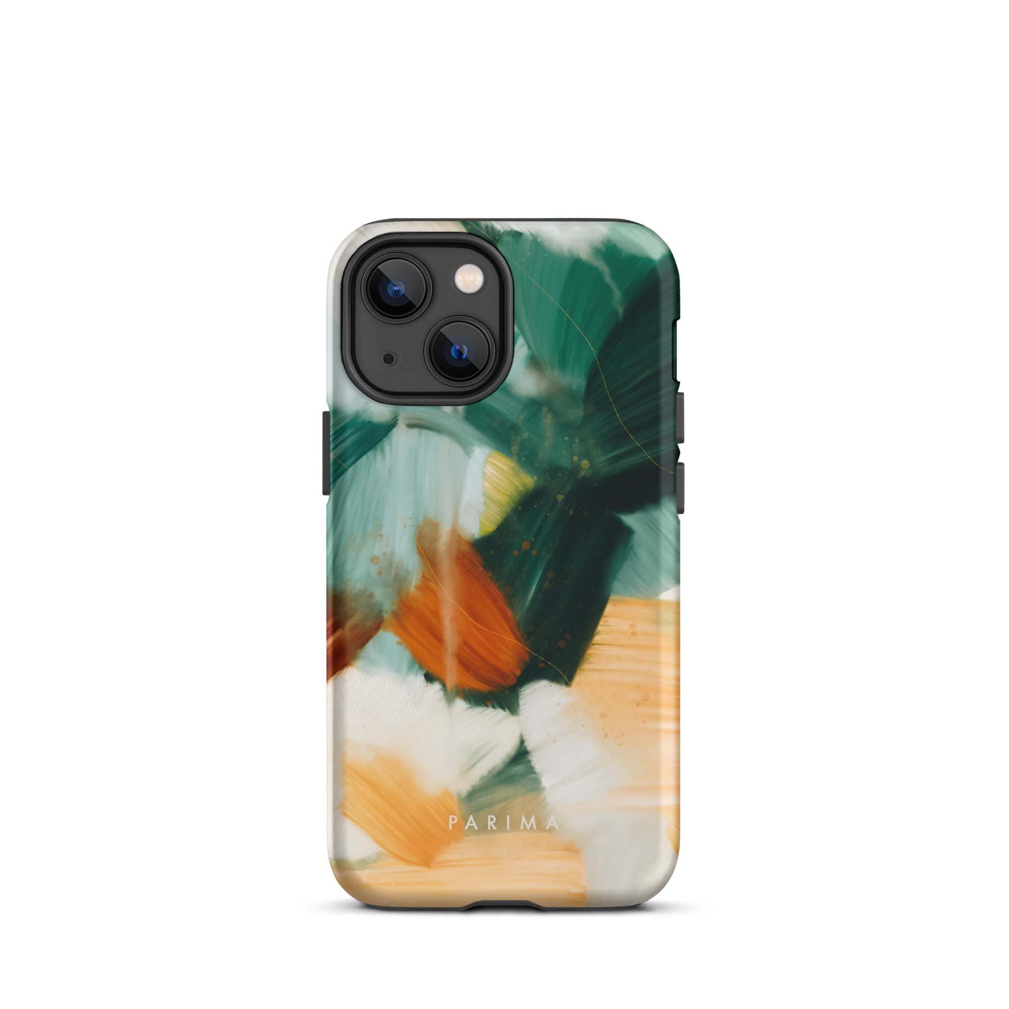 Meridian, green and orange abstract art on iPhone 13 mini tough case by Parima Studio