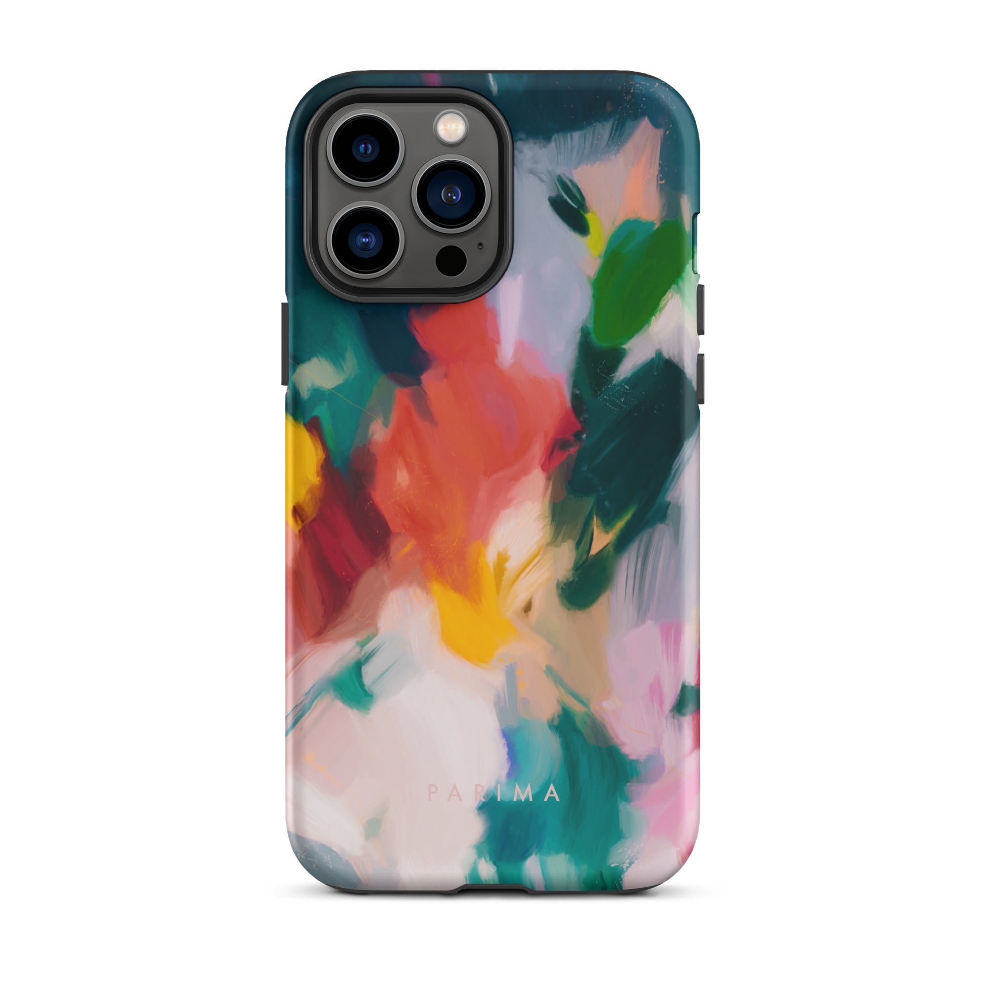 Pomme, blue and red abstract art on iPhone 13 Pro Max tough case by Parima Studio