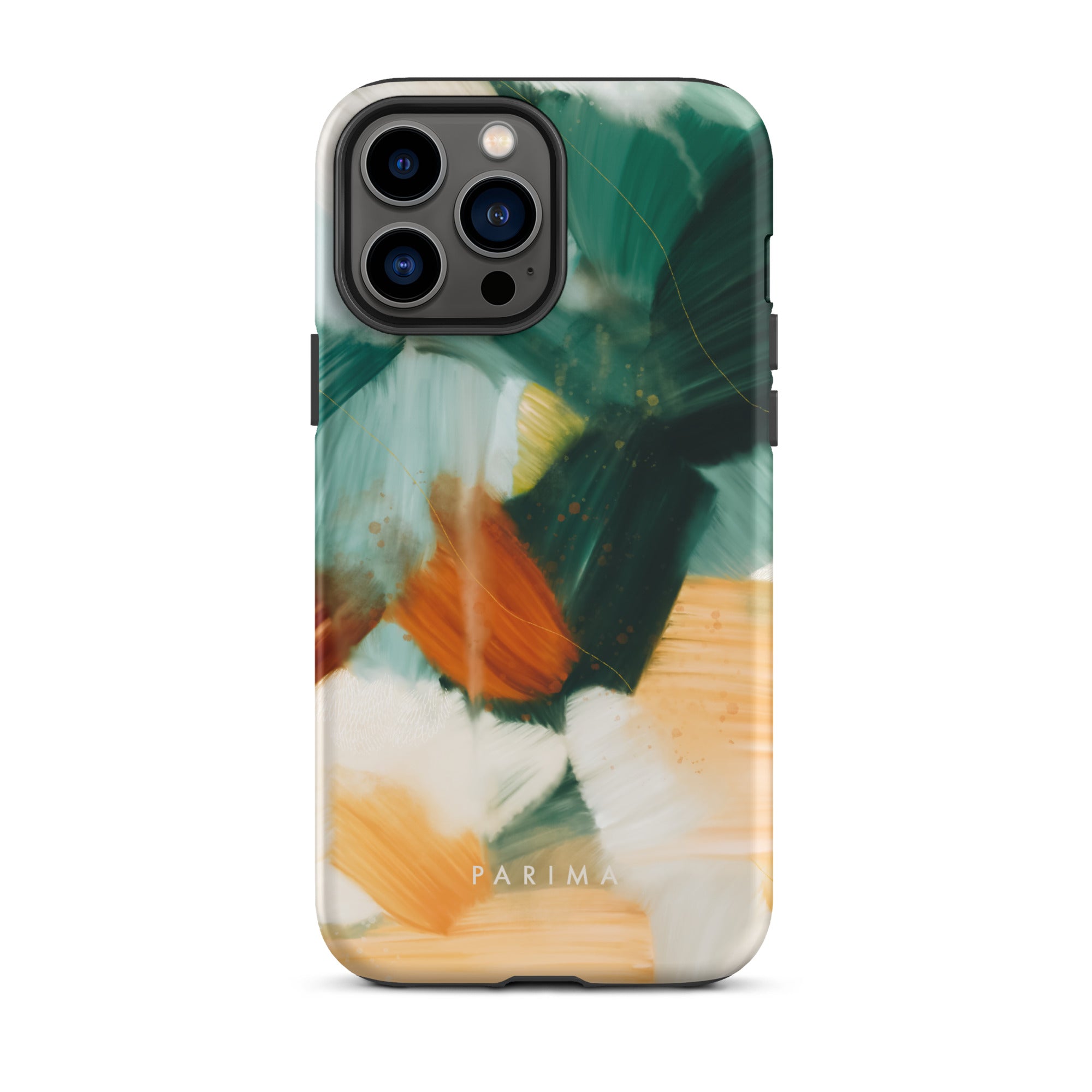 Meridian, green and orange abstract art on iPhone 13 Pro Max tough case by Parima Studio