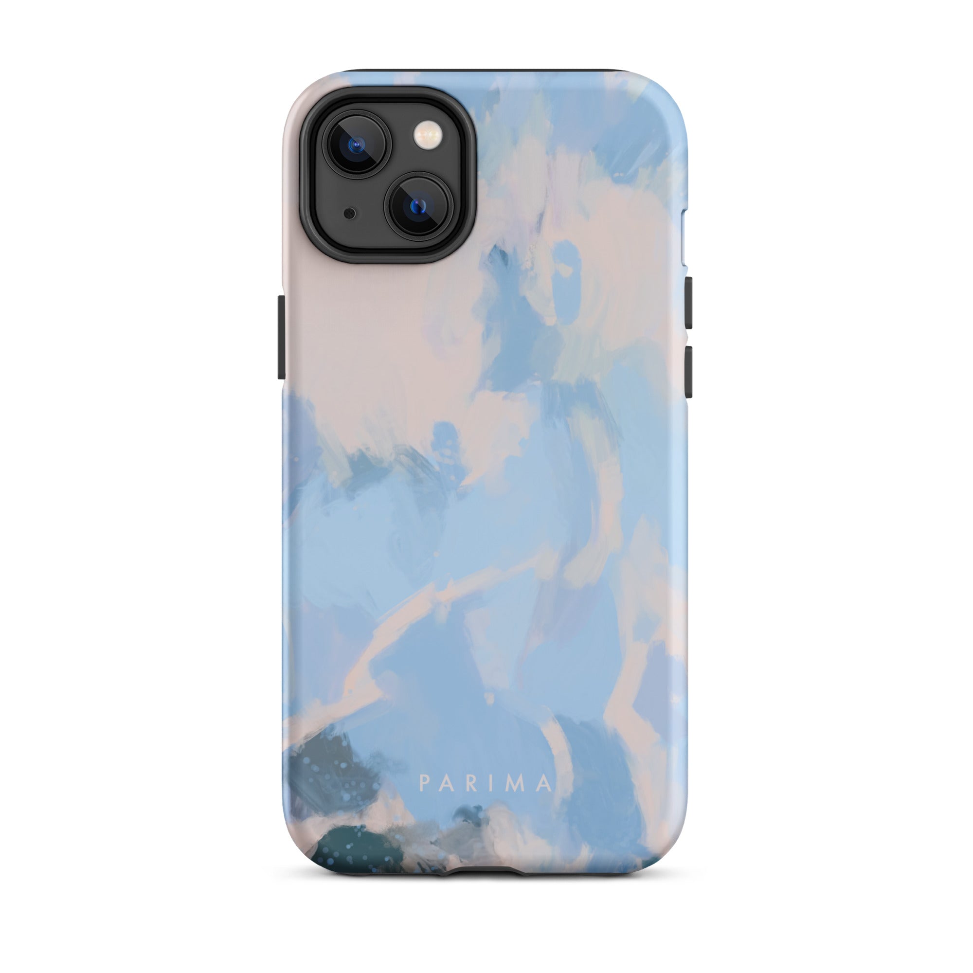 Dove, blue and pink abstract art on iPhone 14 Plus tough case by Parima Studio
